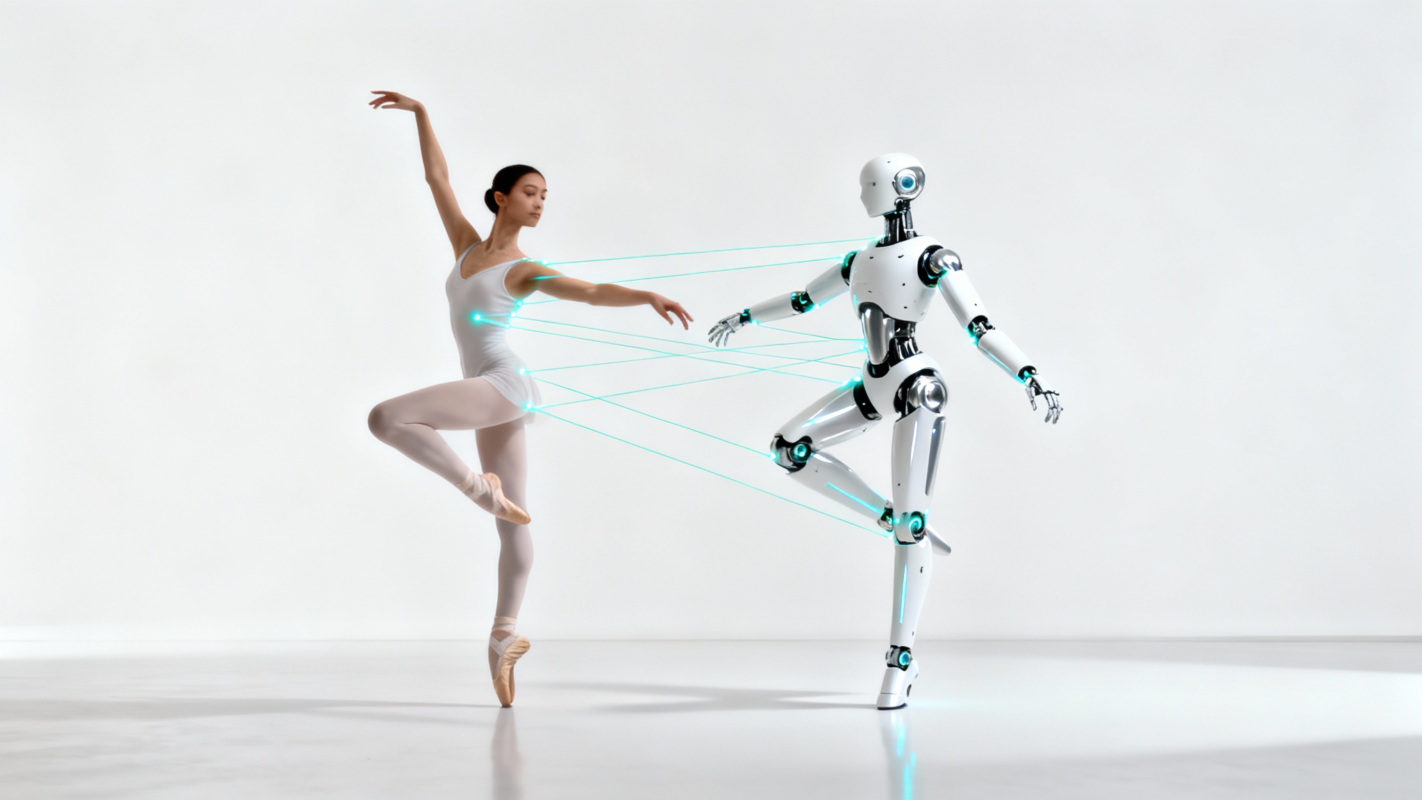 A side-by-side image showing a ballerina and a robot in the exact same ballet pose, with glowing lines connecting them to illustrate the concept of body pose transfer.