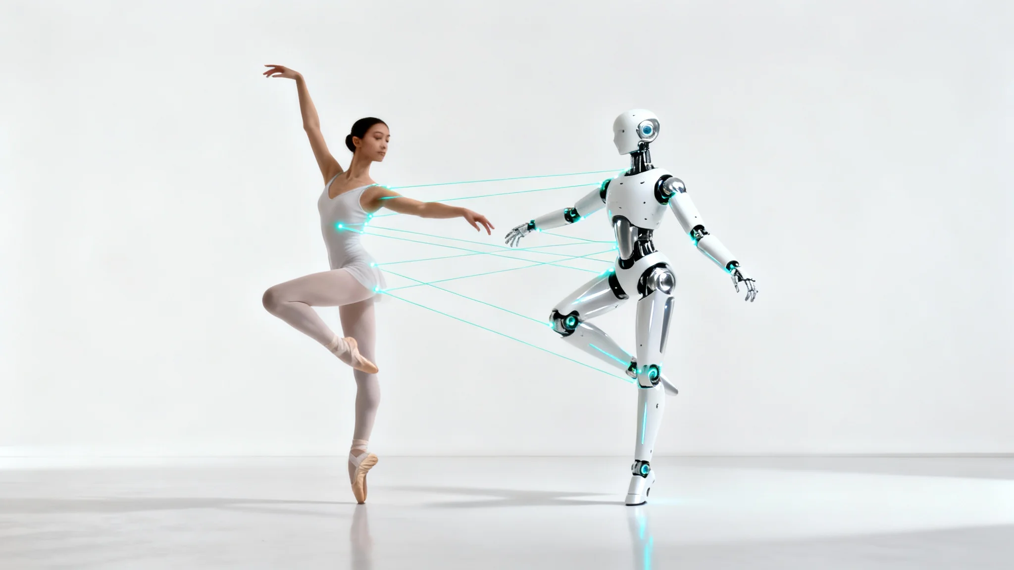 A side-by-side image showing a ballerina and a robot in the exact same ballet pose, with glowing lines connecting them to illustrate the concept of body pose transfer.