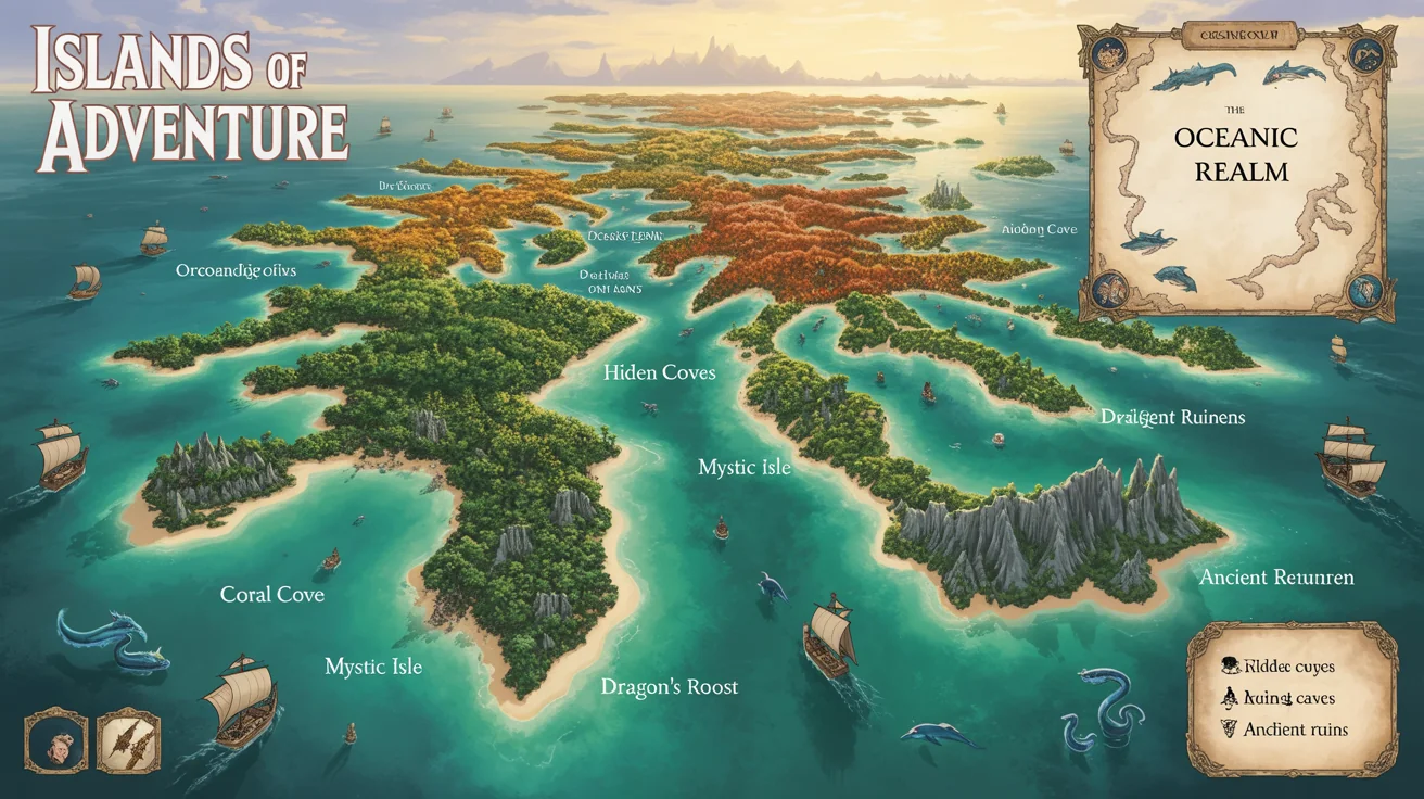 A final, polished island map design titled 'ISLANDS OF ADVENTURE'. The vibrant, illustrated map shows an archipelago with named islands like Coral Cove and Mystic Isle, set in a blue ocean with boats and sea creatures. The design is presented in a 16:9 aspect ratio.
