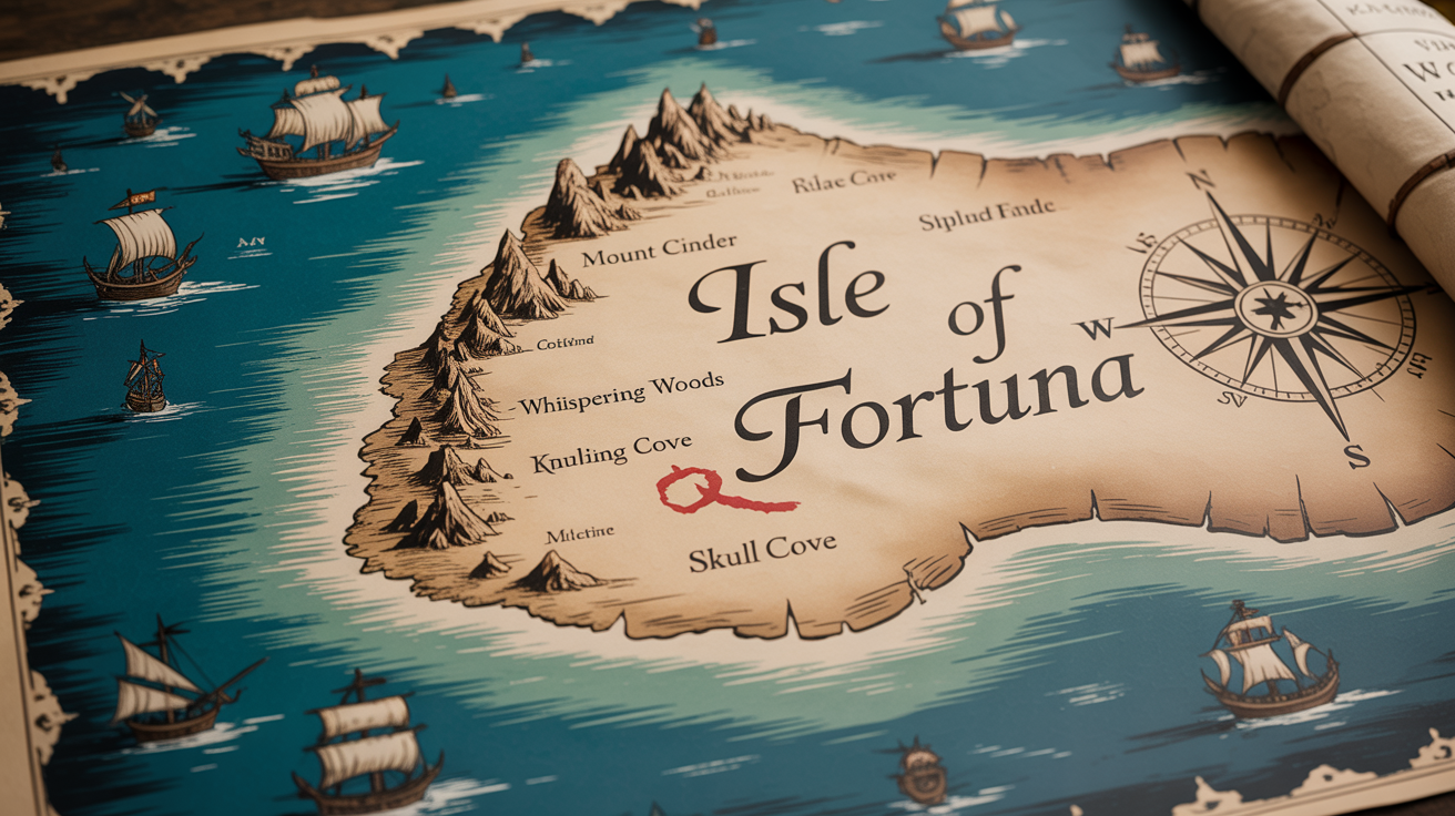 A detailed, vintage-style treasure map of a fictional island named 'Isle of Fortuna', displayed on a white background. The map features illustrations of a volcano, a jungle, and a red 'X' marking a spot.
