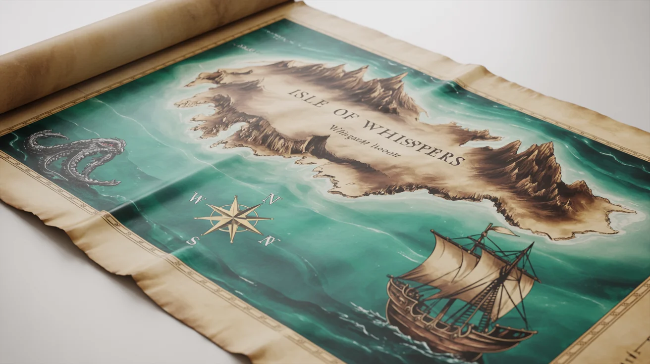 A detailed, hand-drawn fantasy map of an island called 'Isle of Whispers', featuring mountains, forests, and a harbor, laid out on aged parchment against a plain white background.