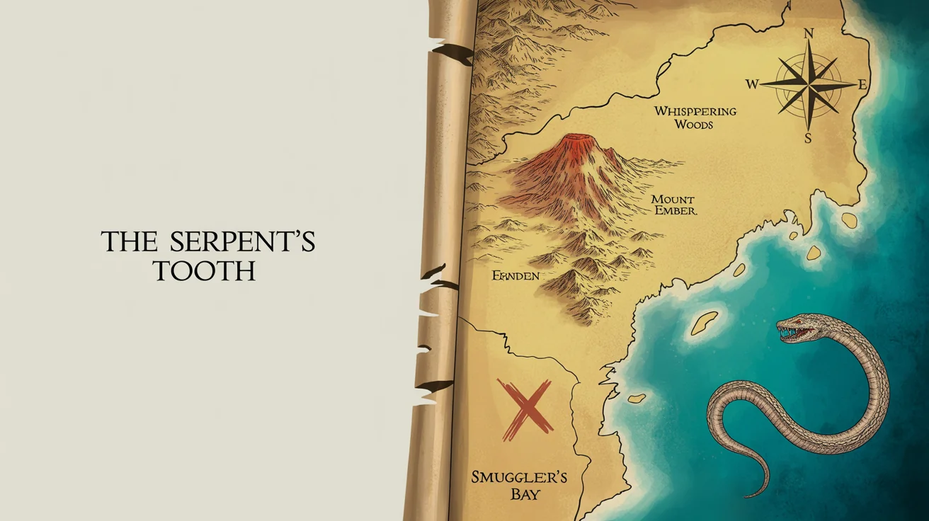 A detailed, antique-style map of a fictional fantasy island named 'The Serpent's Tooth' on a white background. The map shows a volcano, forests, and coves, with a sea serpent in the surrounding ocean.