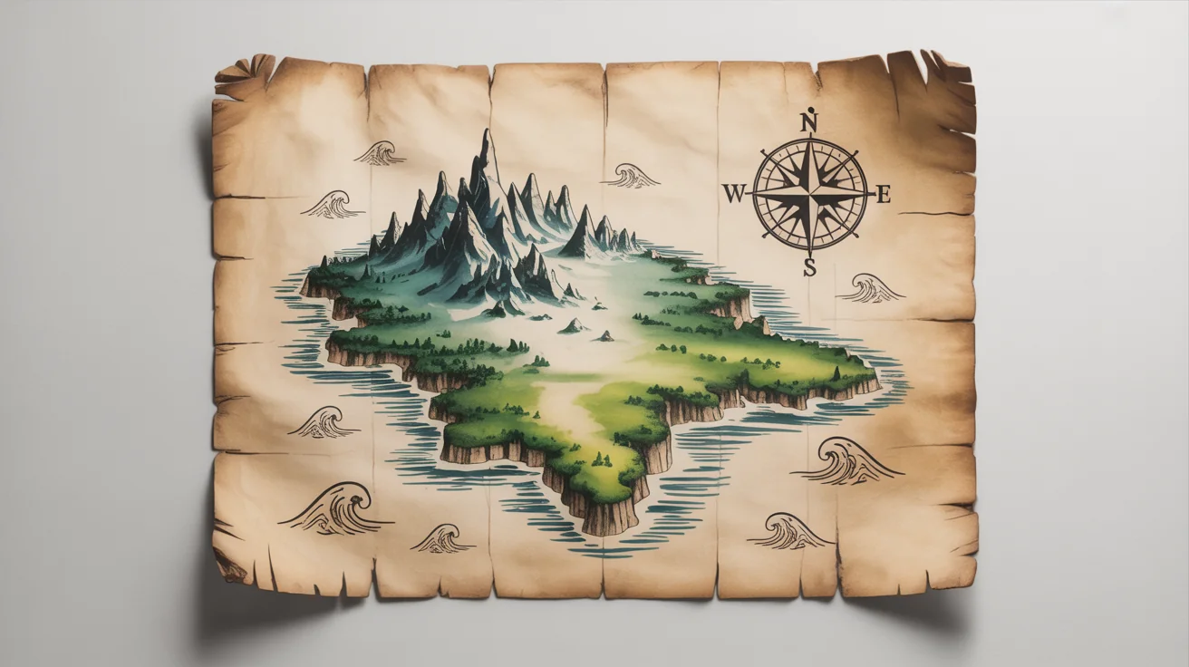 A beautifully illustrated fantasy map of an island on aged parchment paper, set against a white background. The map shows mountains, forests, and a port town, with labels like 'Dragon's Tooth Peak' and 'Port Royal'.