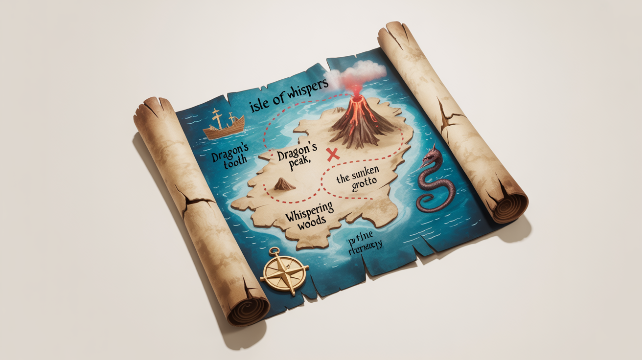 A detailed fantasy map of a fictional island called 'Isle of Whispers', rendered on aged parchment and displayed against a white background. The map shows a volcano, forest, and a treasure trail.