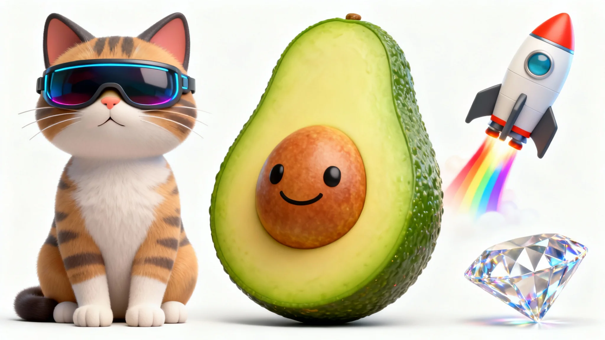 A grid of custom-designed, high-quality 3D emojis, including a cat with sunglasses and a smiling avocado, showcasing the output of an emoji generator.