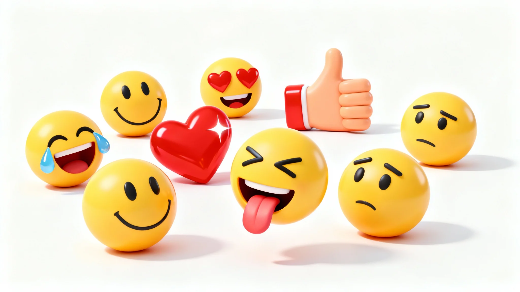 A colorful collection of modern, 3D-rendered emojis, including a laughing face, a heart-eyes face, and a thumbs-up, floating against a clean white background.