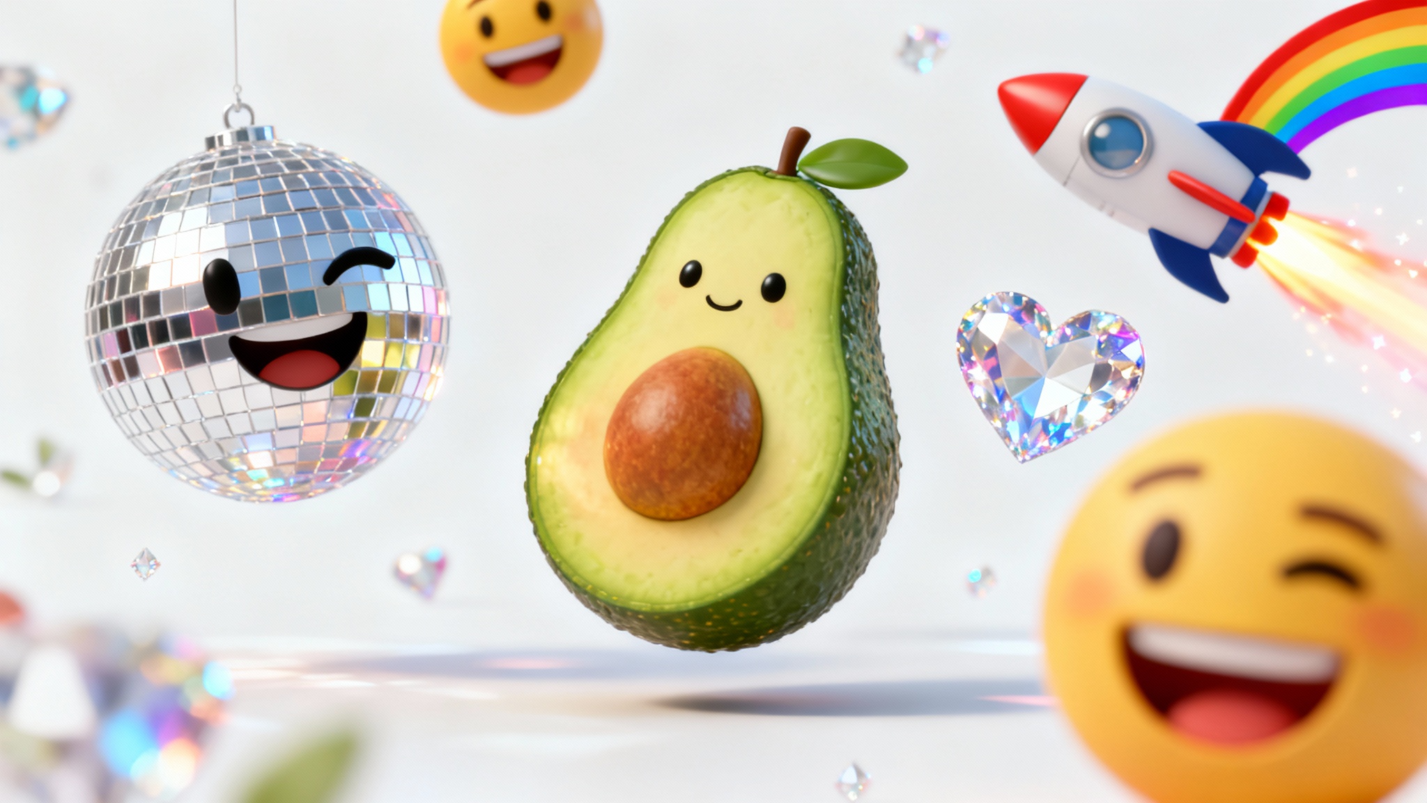 A colorful collection of custom 3D emojis, including a winking disco ball and a cheerful avocado, floating against a clean white background.