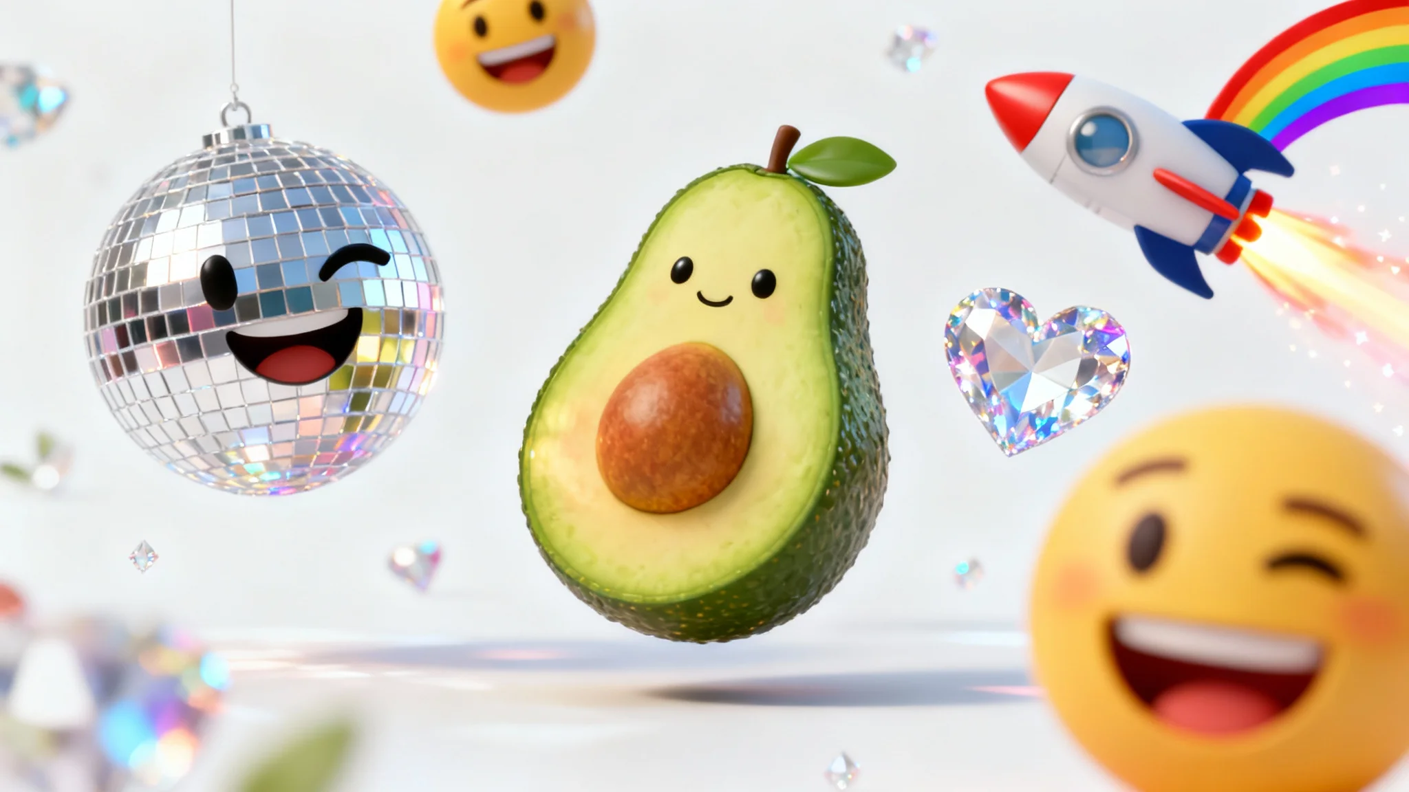 A colorful collection of custom 3D emojis, including a winking disco ball and a cheerful avocado, floating against a clean white background.