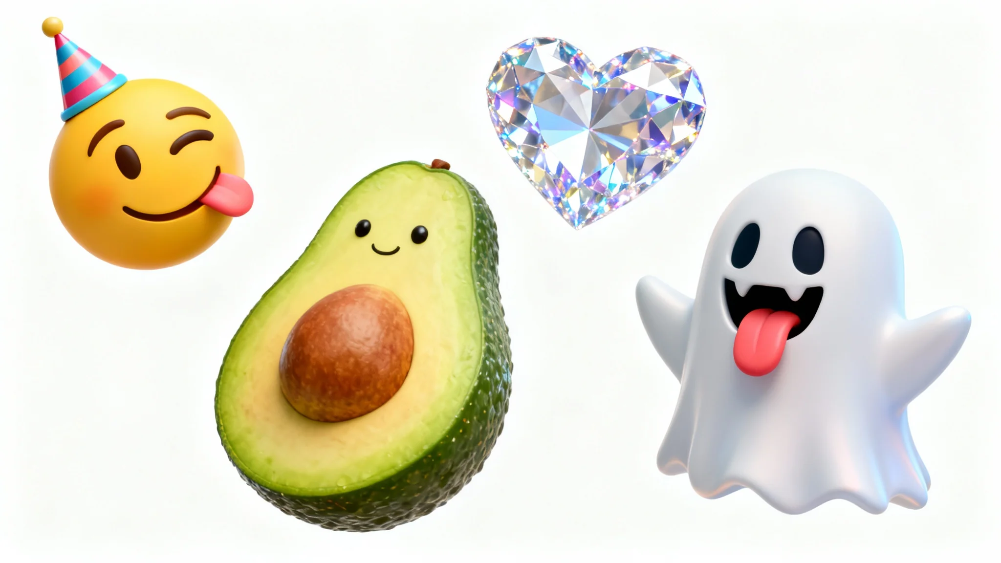 A collection of colorful, custom 3D emojis, including a winking face with a party hat and a happy avocado, floating against a clean white background.