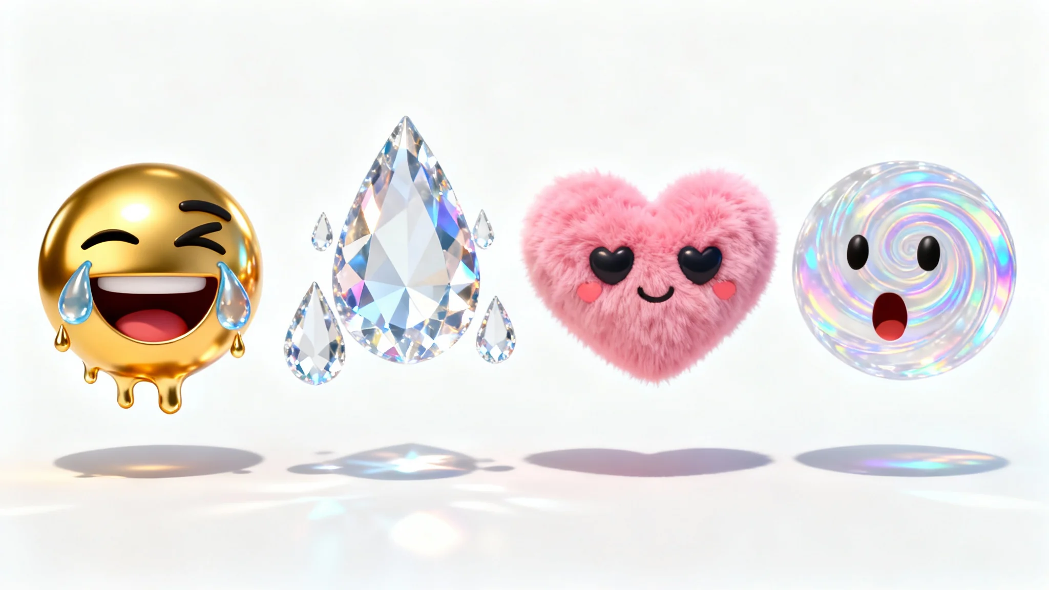 A collection of unique, custom-rendered 3D emojis with various textures and expressions, including a gold winking face and a crystal-tear laughing face, displayed on a clean white background.