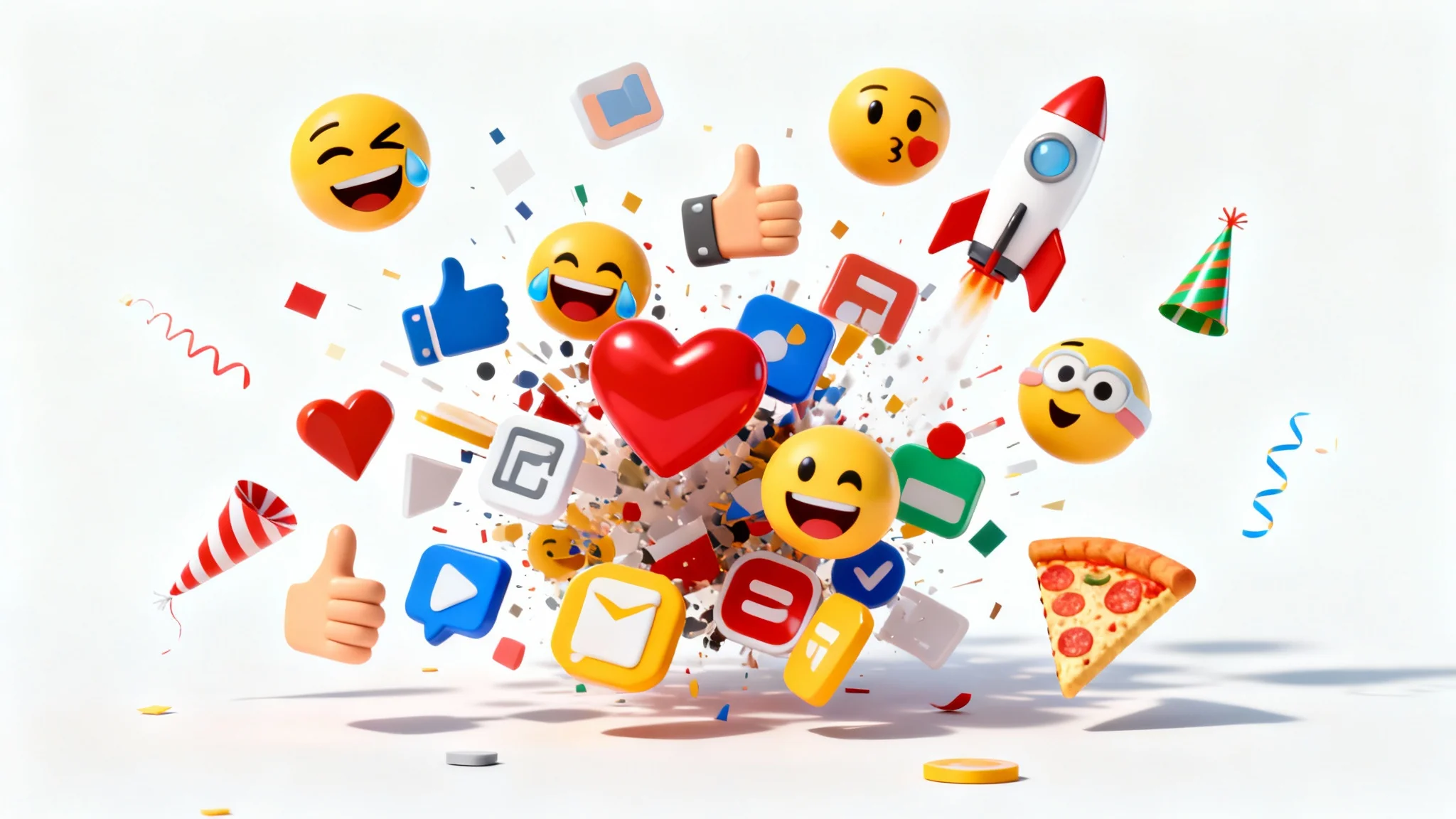 A colorful 3D collection of various popular emojis, including a winking face, a heart, and a rocket, scattered against a clean white background.