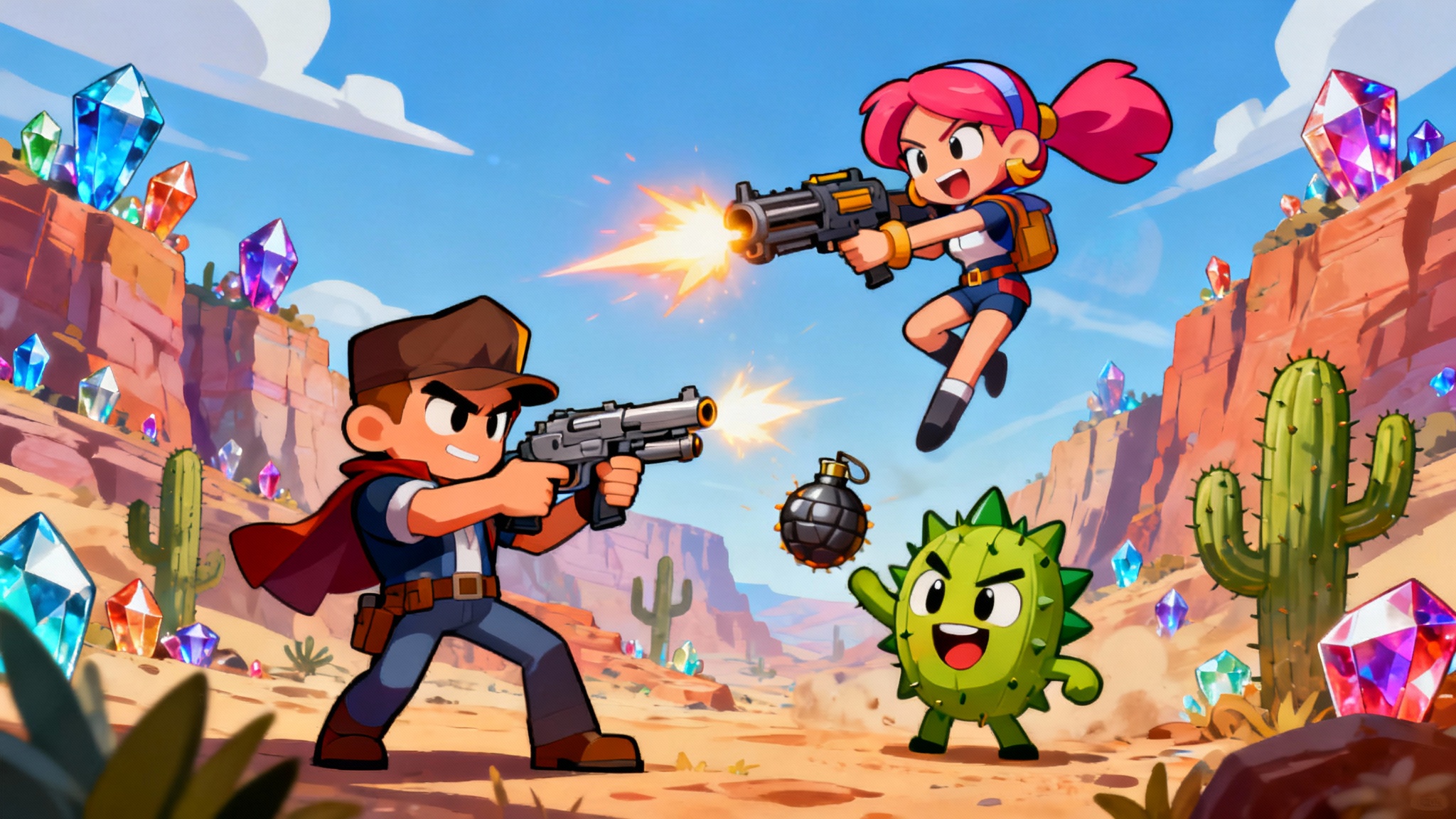 A vibrant, action-packed digital artwork in the Brawl Stars style, featuring characters Shelly, Colt, and Spike in a desert battle.