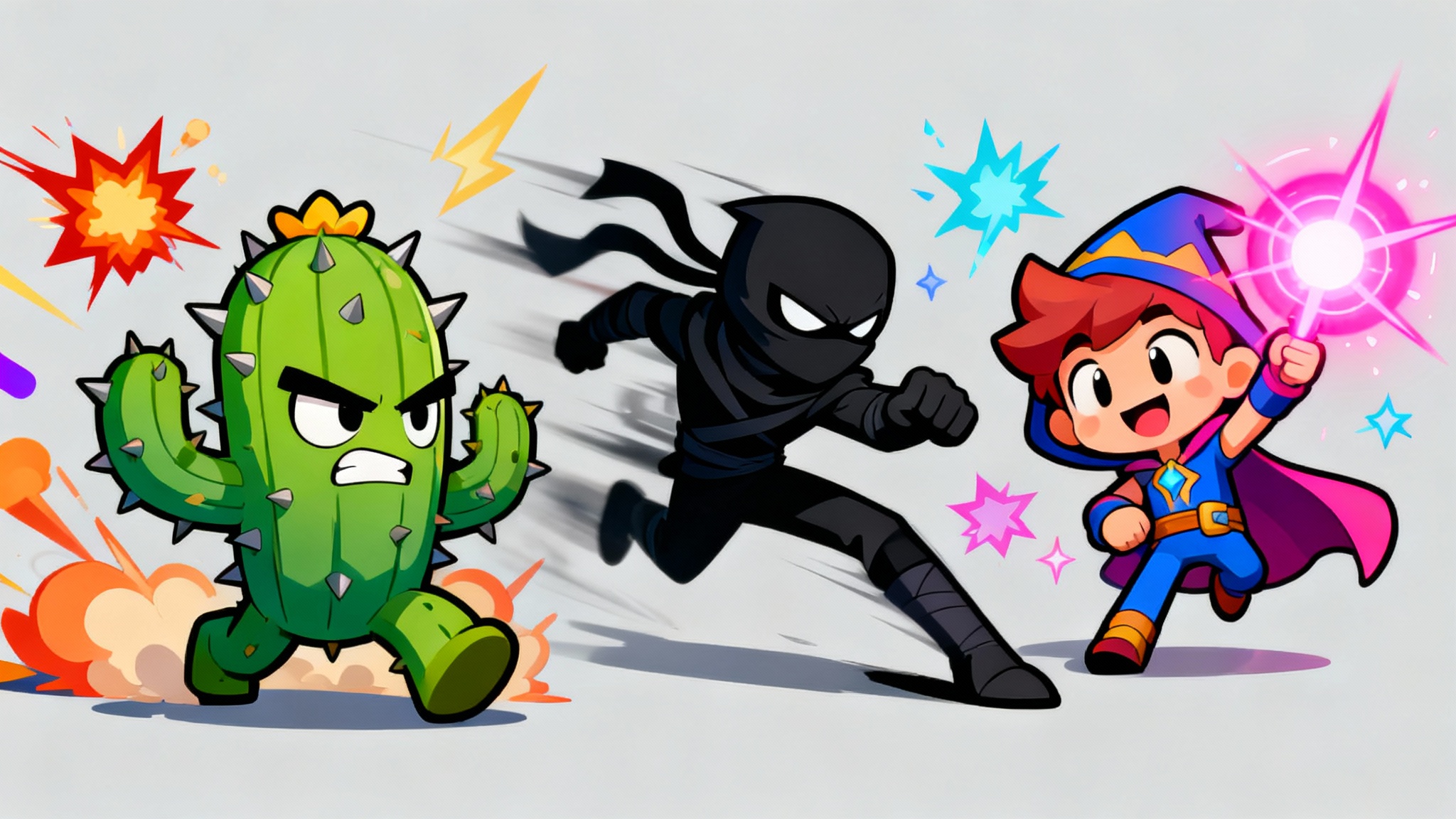 A vibrant digital illustration in the Brawl Stars art style, showing three unique cartoon brawler characters in a dynamic battle with colorful energy effects against a plain background.
