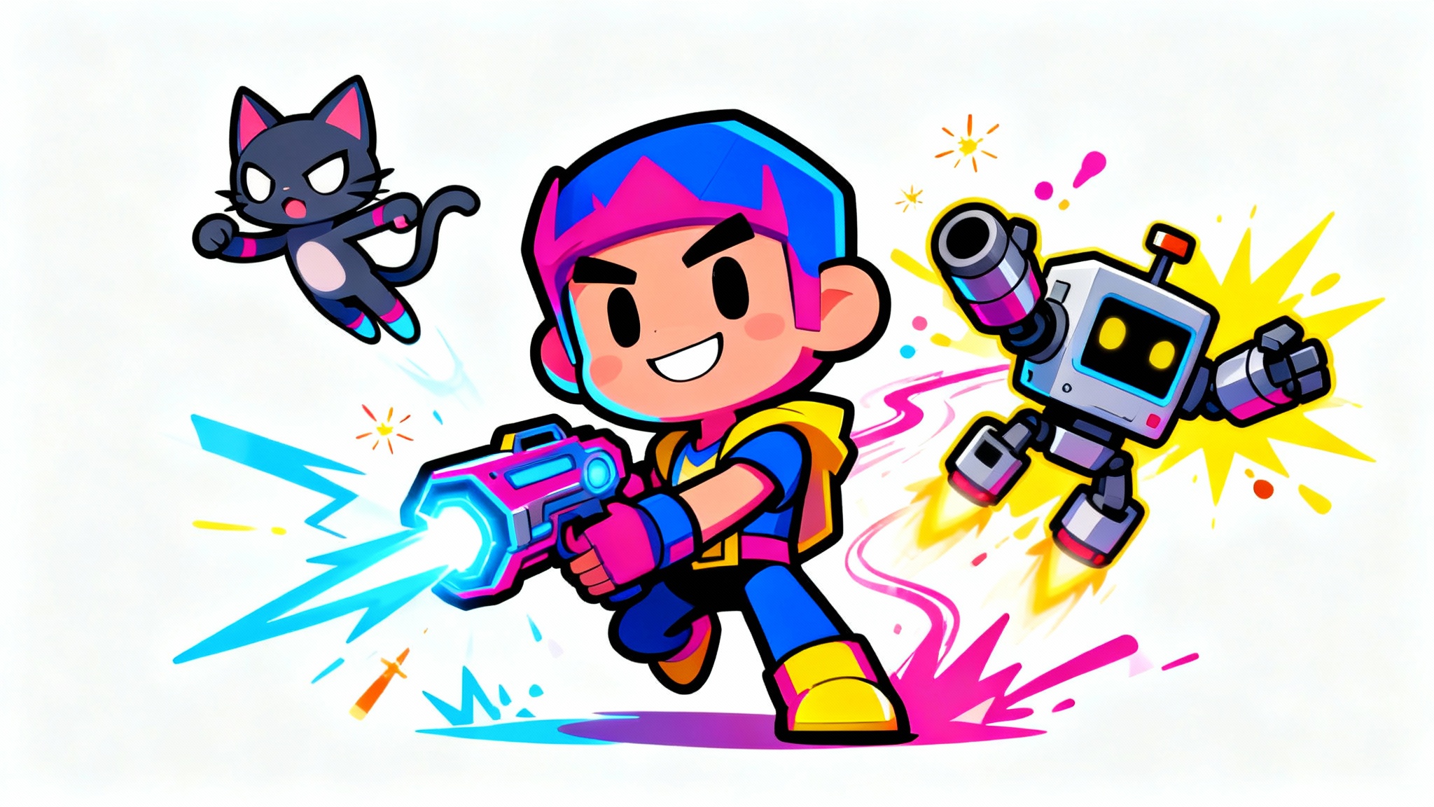 A vibrant and energetic digital illustration in the style of Brawl Stars, featuring three cartoon characters in dynamic action poses against a plain white background.