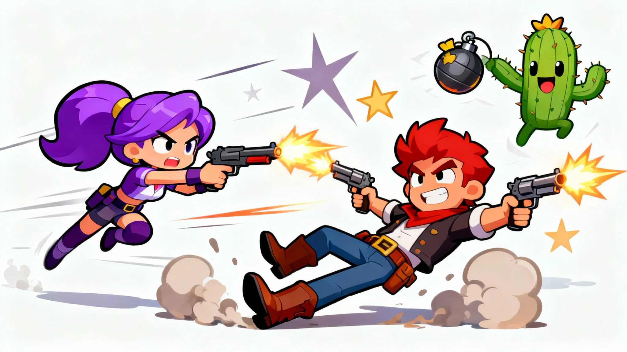 A dynamic digital art piece in the Brawl Stars style, showing characters Shelly, Colt, and Spike in a chaotic battle, isolated against a plain white background.