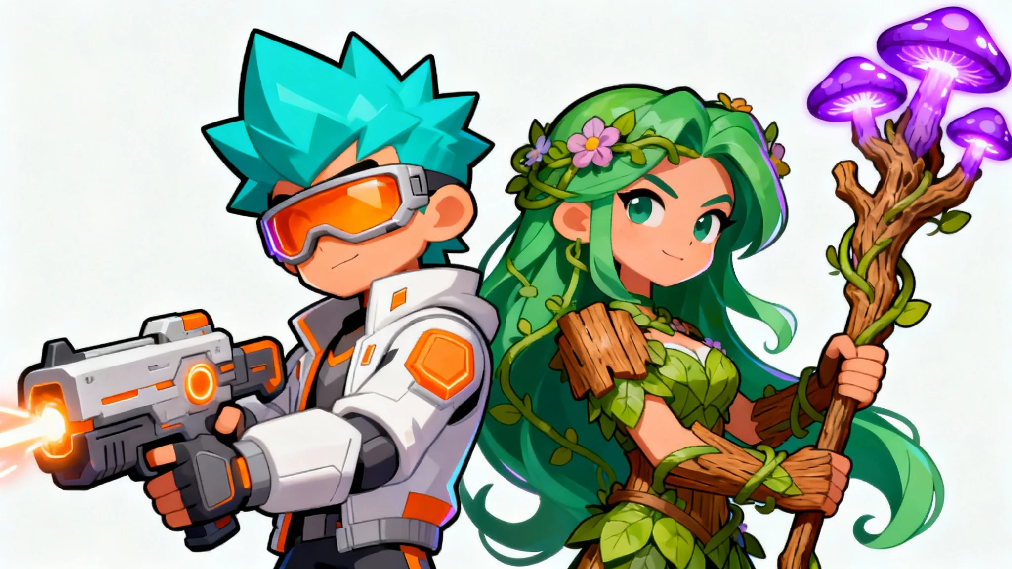 Two original cartoon characters designed in the vibrant, energetic style of the game Brawl Stars, posing back-to-back against a white background.