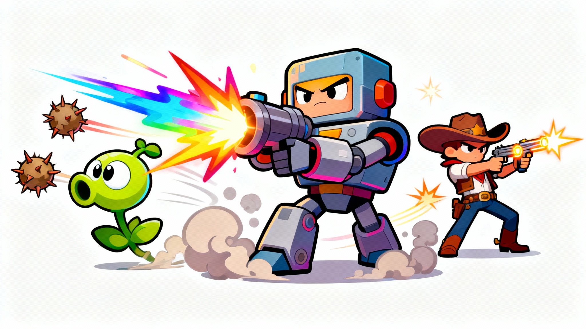 A dynamic digital illustration in the style of Brawl Stars, featuring three unique cartoon characters, a robot, a plant creature, and a gunslinger engaged in a vibrant battle with energy blasts and projectiles against a clean white background.