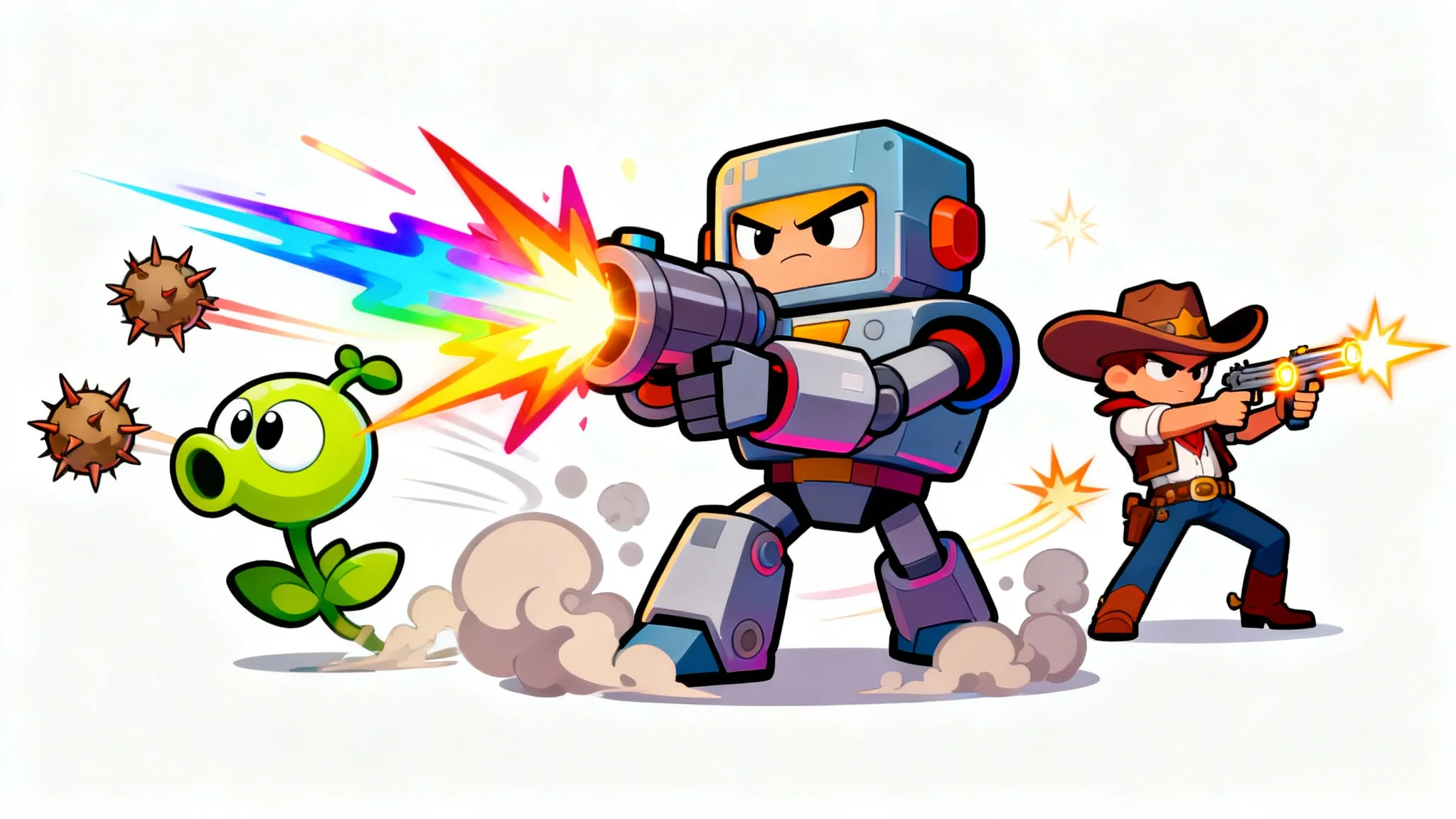 A dynamic digital illustration in the style of Brawl Stars, featuring three unique cartoon characters, a robot, a plant creature, and a gunslinger engaged in a vibrant battle with energy blasts and projectiles against a clean white background.