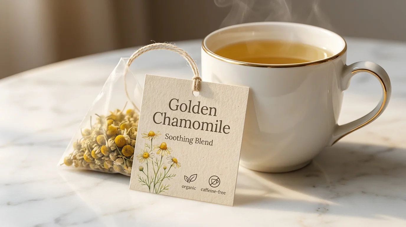 A professionally designed tea bag label for 'Golden Chamomile' tea, shown attached to a tea bag next to a steaming mug of tea on a white marble surface.