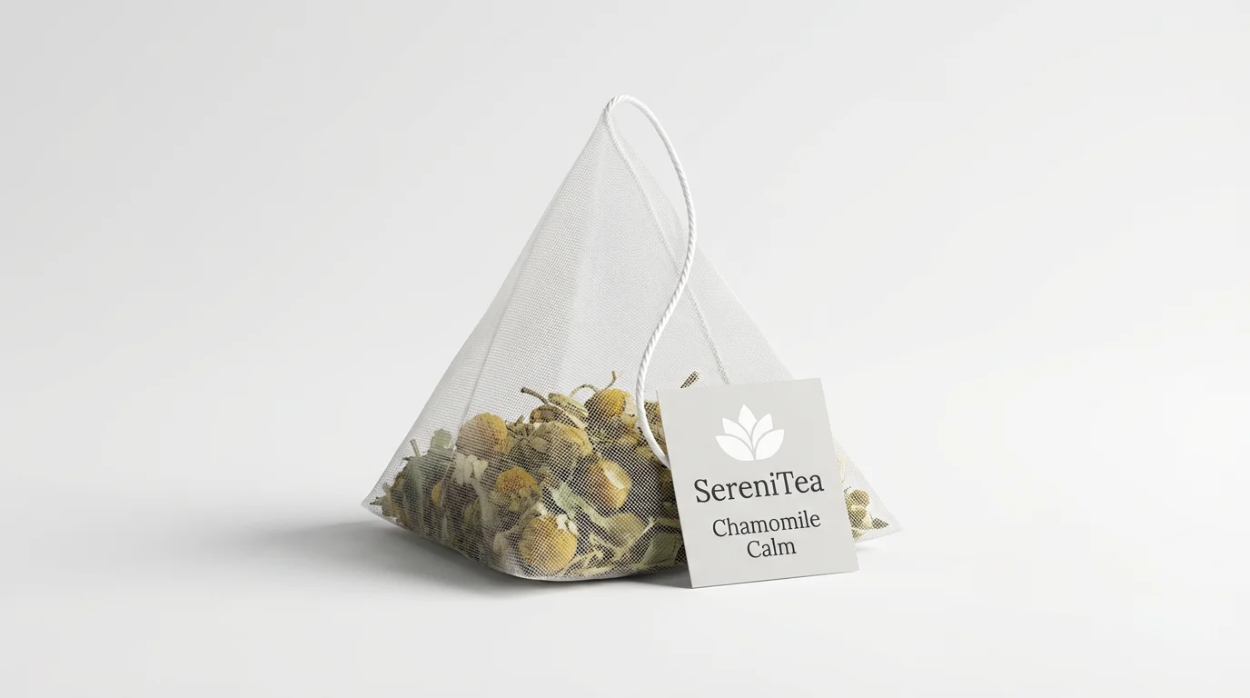 A close-up studio photograph of a single pyramid tea bag with a custom label. The label reads 'SereniTea' and 'Chamomile Calm' against a clean white background.