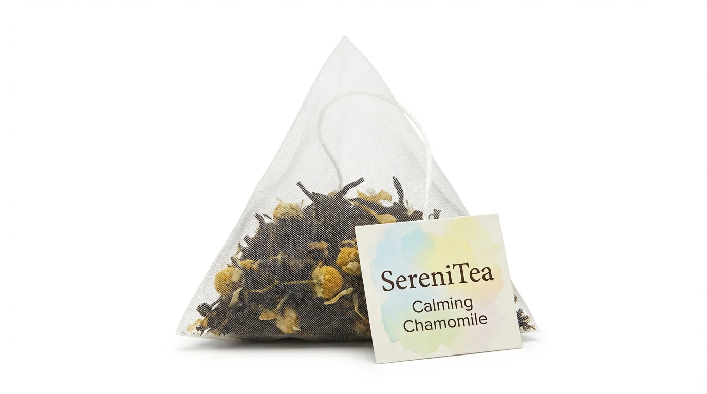 A high-quality mockup of a pyramid tea bag with a custom tag that reads 'SereniTea' and 'Calming Chamomile', displayed on a white background.