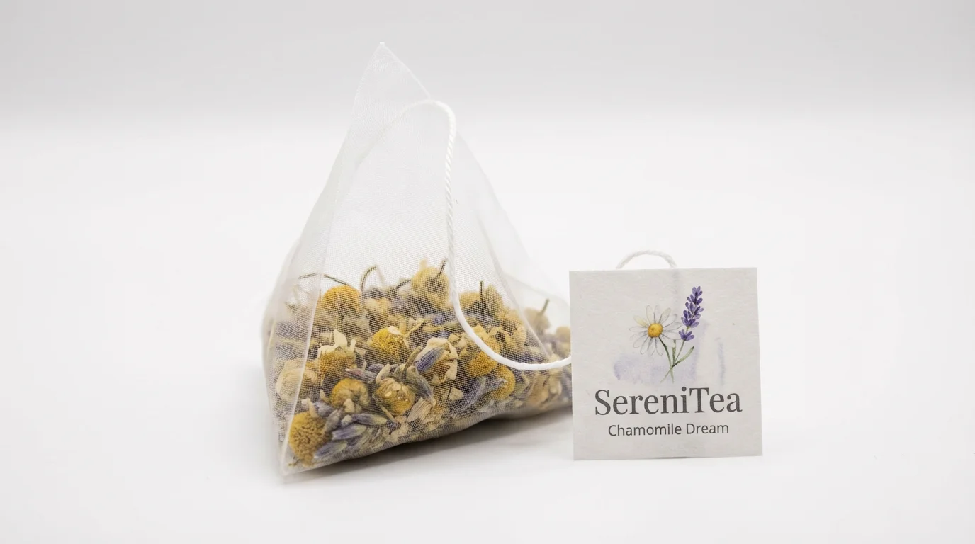 A close-up product mockup of a luxury pyramid tea bag on a white surface, with a tag attached that reads 'SereniTea, Chamomile Dream'.