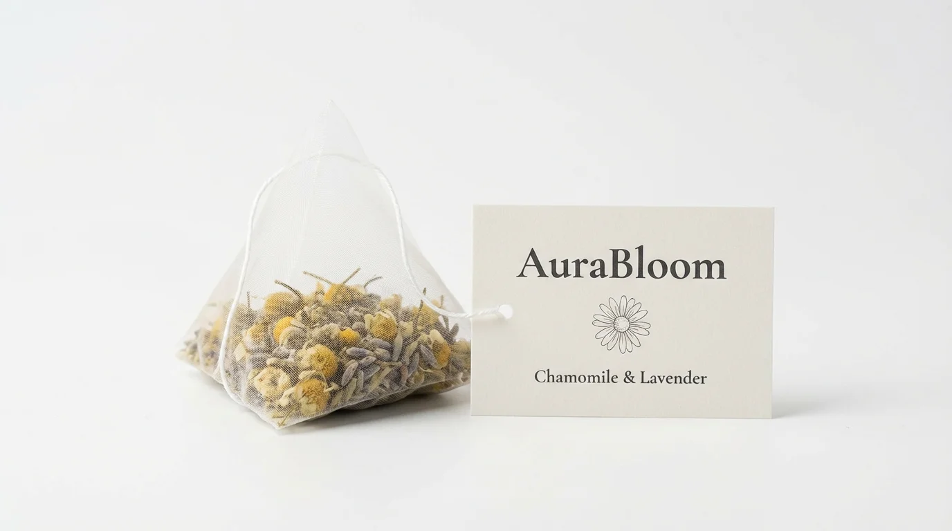 A professional product mockup of a single pyramid tea bag with a 'AuraBloom Chamomile & Lavender' label, shown against a solid white background.