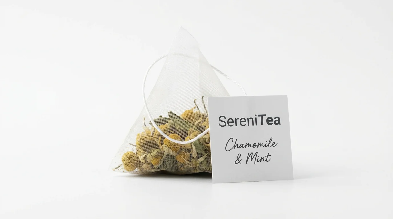 A photorealistic mockup of a single pyramid tea bag labeled 'SereniTea - Chamomile & Mint' resting on a clean white surface.