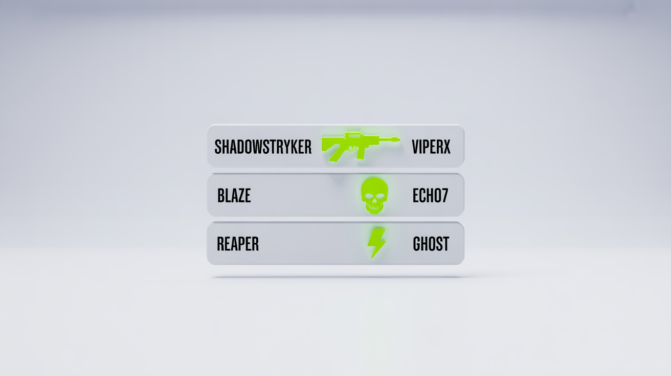 A clean, minimalist mockup of a video game kill feed, featuring floating lines of text and icons on a white background. Fictional gamer tags like 'ShadowStryker' and 'Blaze' are shown with stylized weapon icons.