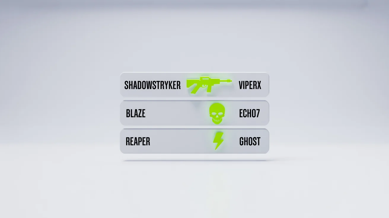 A clean, minimalist mockup of a video game kill feed, featuring floating lines of text and icons on a white background. Fictional gamer tags like 'ShadowStryker' and 'Blaze' are shown with stylized weapon icons.