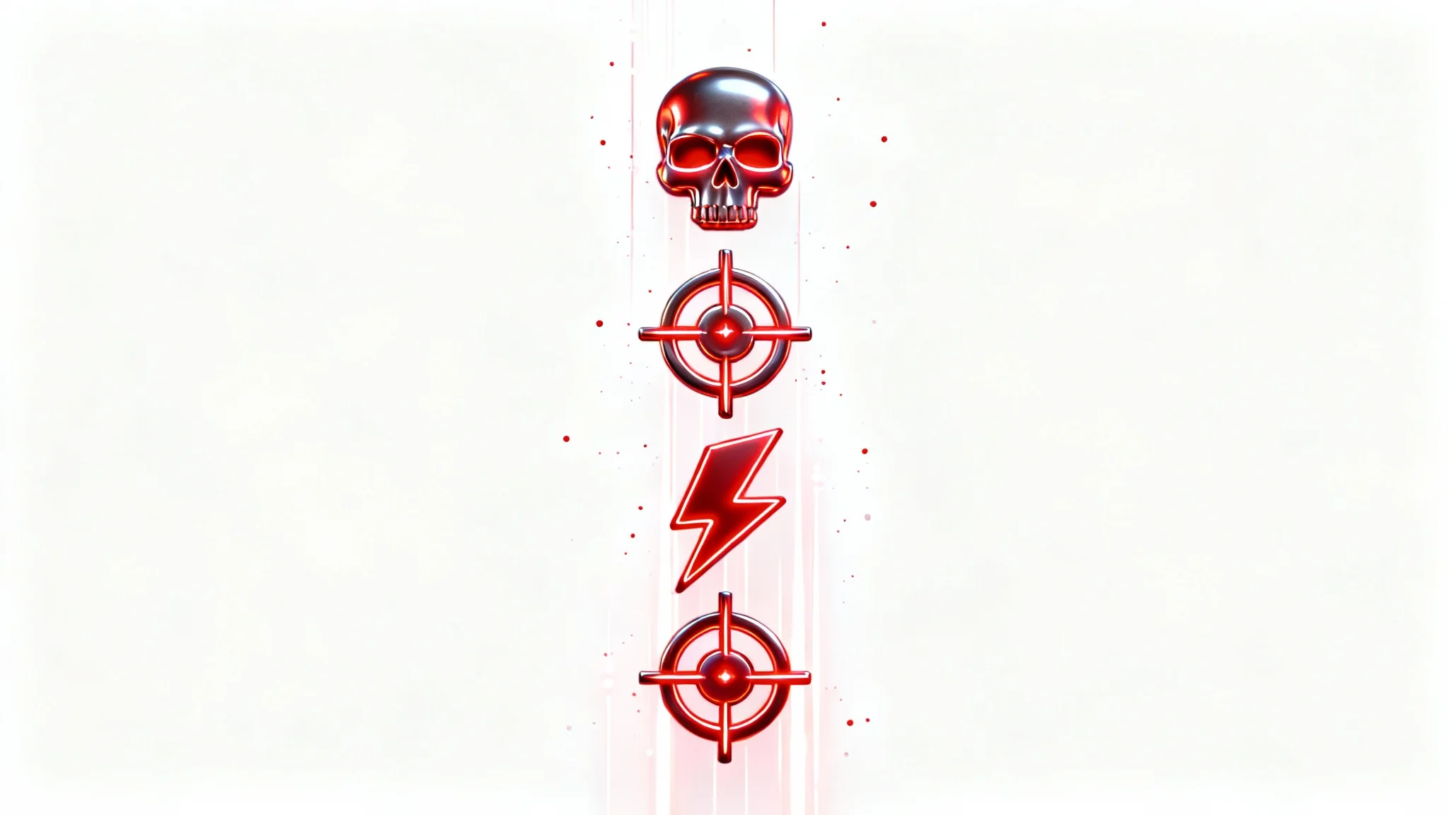 A visual mockup of a video game kill feed, featuring a vertical list of glowing red 3D icons like a skull and crosshair, cascading against a plain white background.
