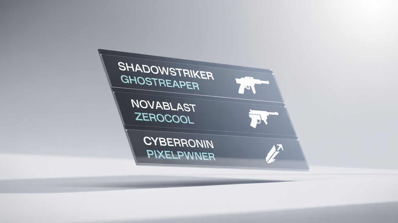 A stylized, futuristic video game kill feed mockup, showing a list of fictional player eliminations with weapon icons, presented as floating panels against a clean white background.