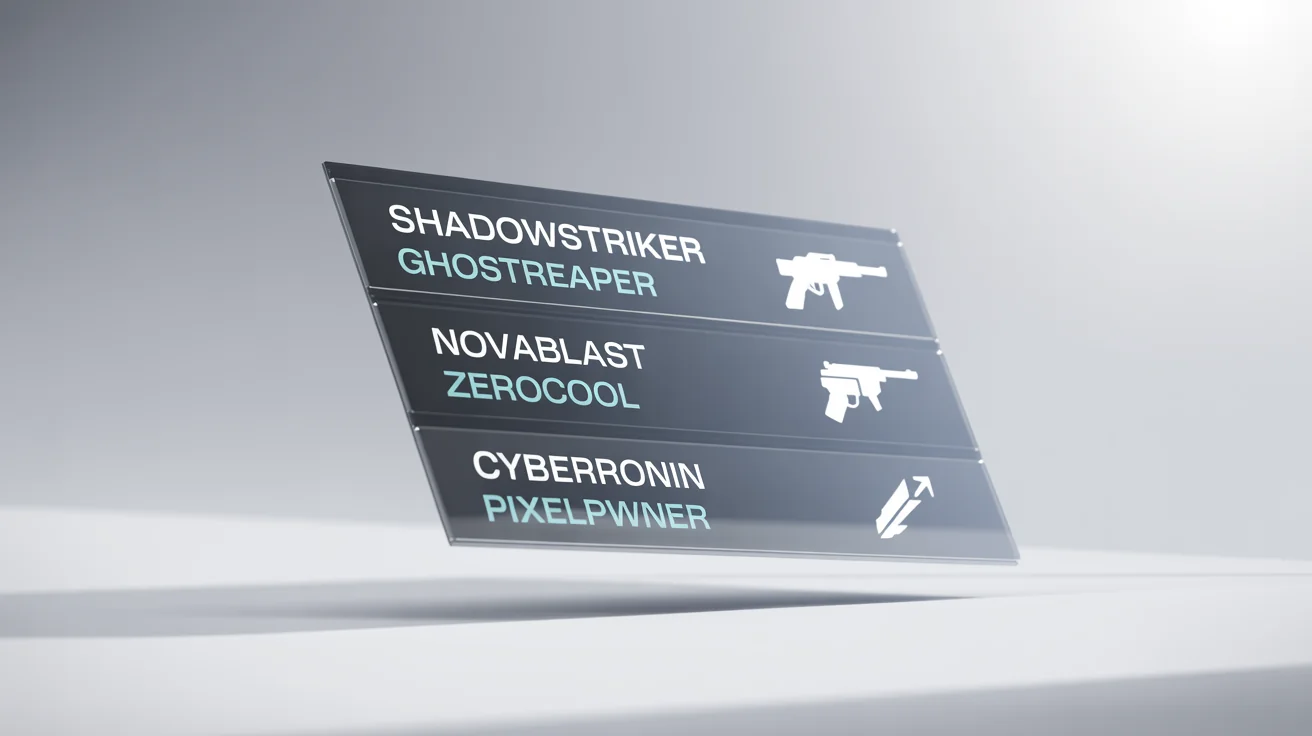 A stylized, futuristic video game kill feed mockup, showing a list of fictional player eliminations with weapon icons, presented as floating panels against a clean white background.