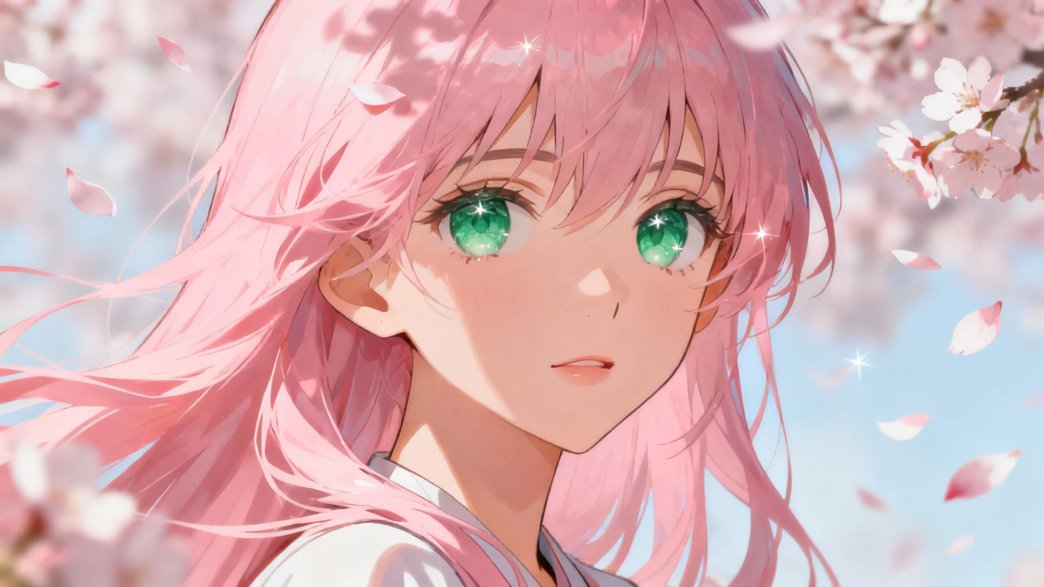 A high-quality, eye-catching anime portrait of a young woman with pink hair and green eyes, representing the final result of an anime portrait generator.