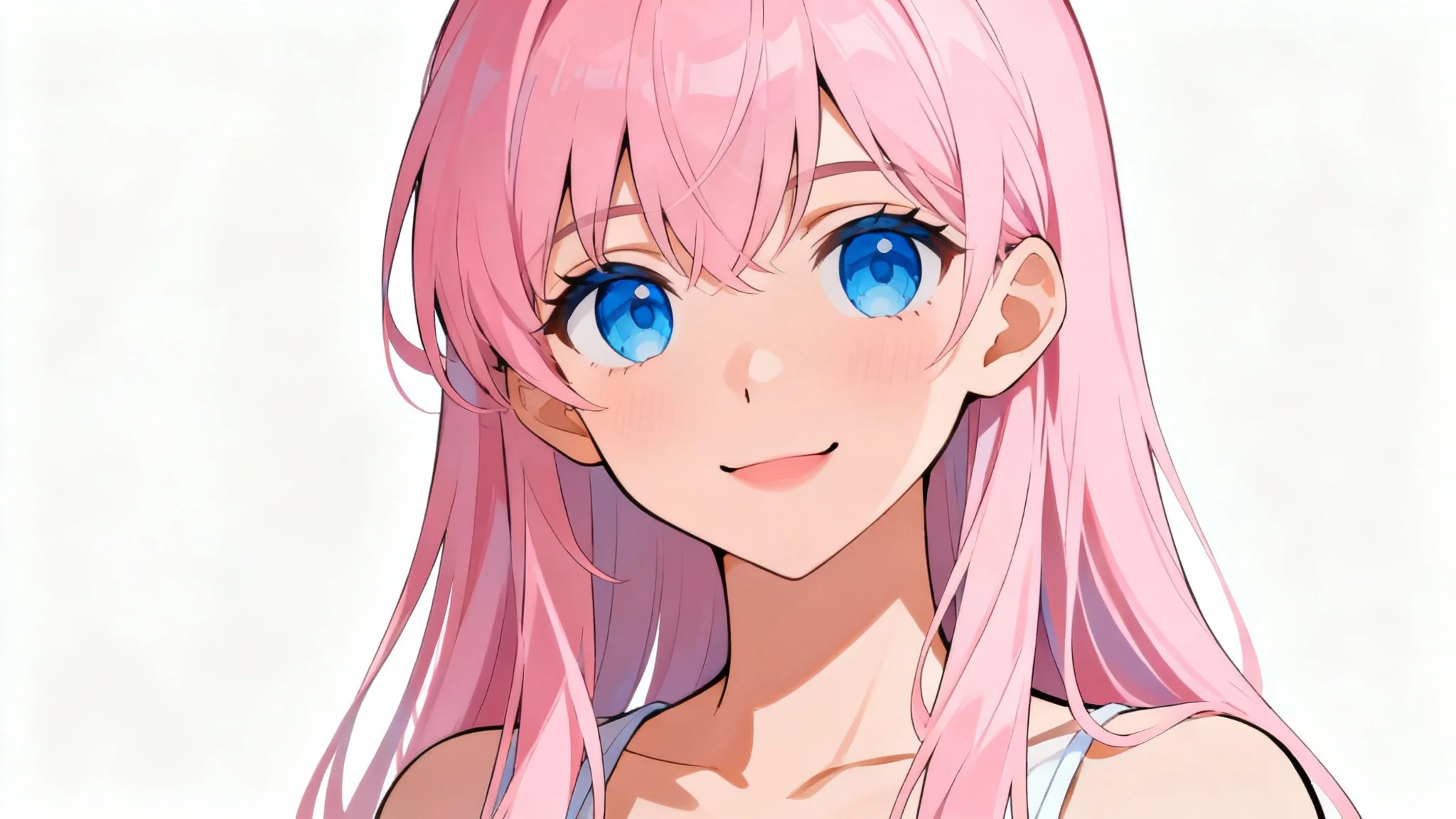 A high-quality anime portrait of a young woman with pink hair and blue eyes, smiling warmly against a clean white background.