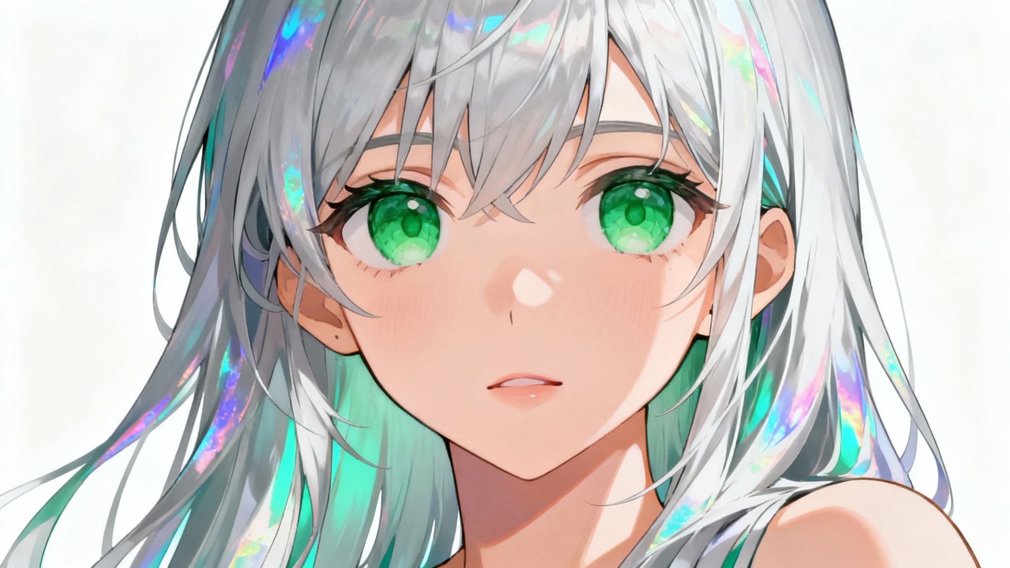 A beautiful, high-quality anime portrait of a young woman with silver hair and green eyes, rendered in a modern style against a clean white background.