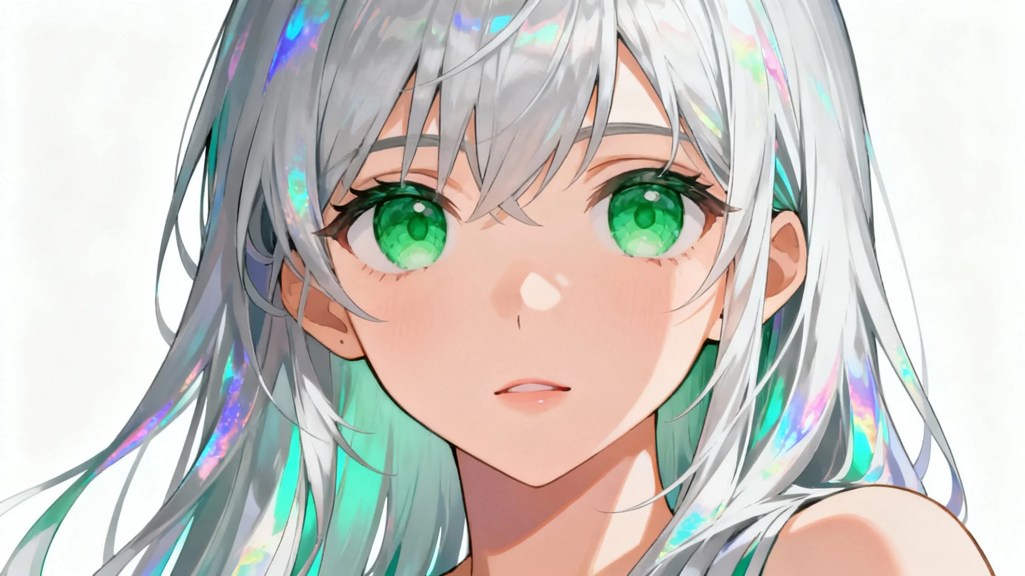 A beautiful, high-quality anime portrait of a young woman with silver hair and green eyes, rendered in a modern style against a clean white background.