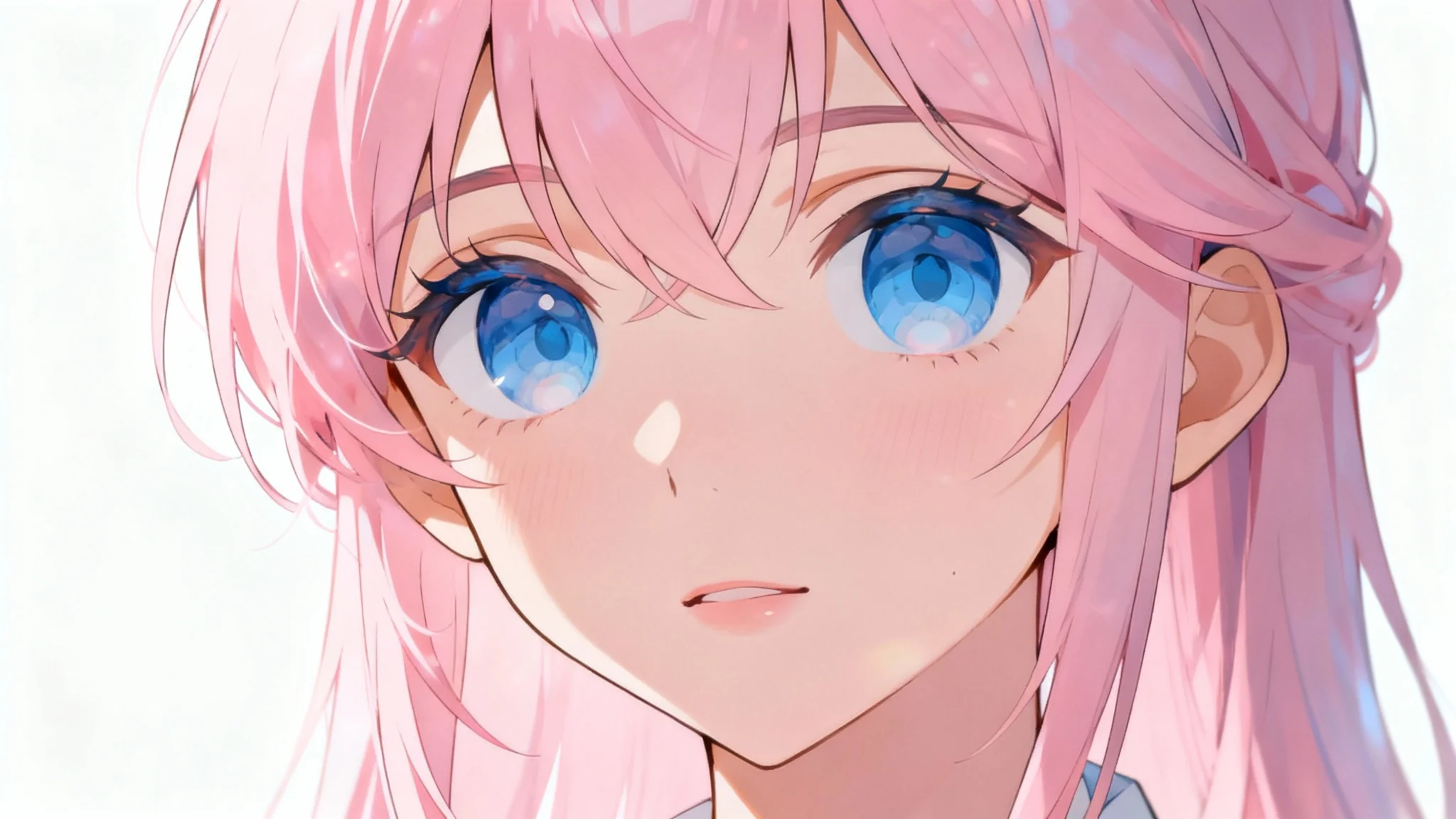 A cinematic, highly detailed anime portrait of a young woman with pastel pink hair and shining blue eyes, looking serenely at the viewer, against a stark white background.