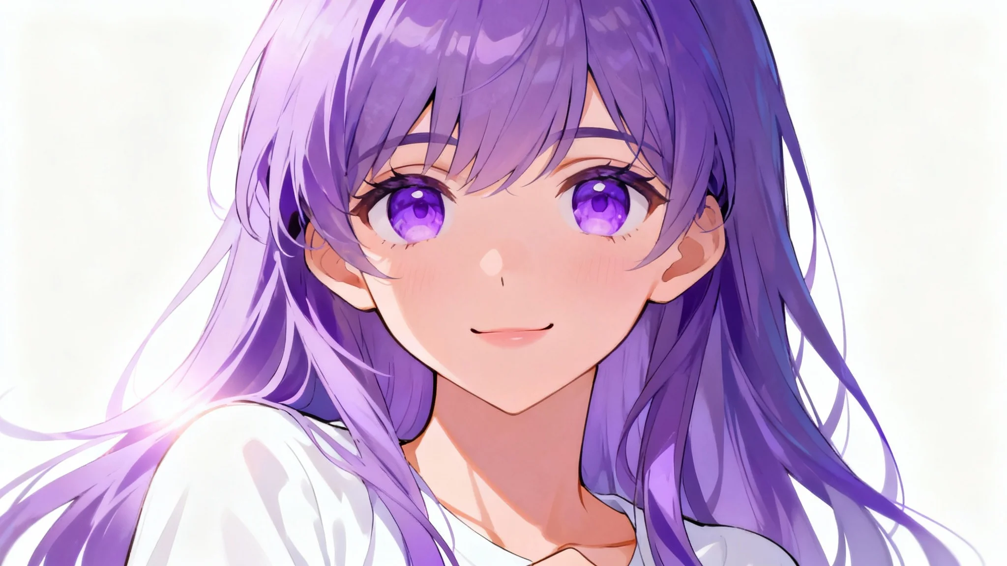 A beautifully rendered anime portrait of a young woman with long lavender hair and large purple eyes, set against a clean white background.
