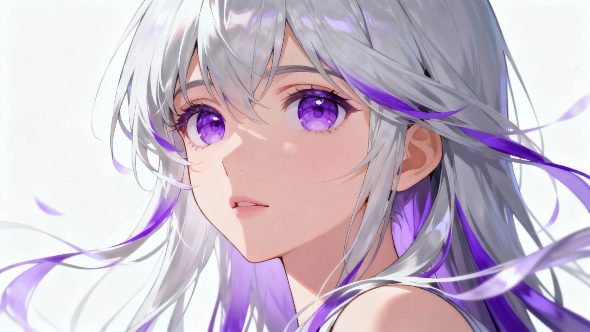 A close-up, beautifully rendered anime portrait of a young woman with long silver hair and striking purple eyes, looking serene against a solid white background.