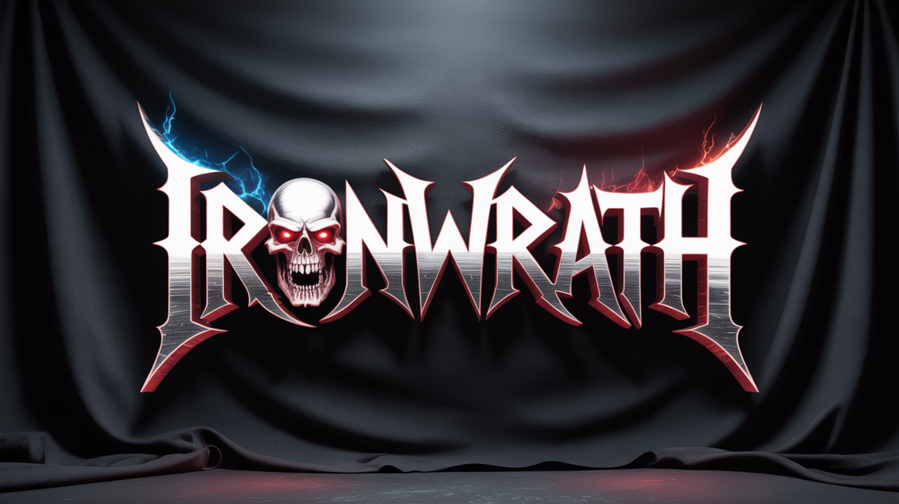 A professionally designed heavy metal logo for a fictional band called 'IRONWRATH'. The logo is in a spiky, metallic font with a skull integrated into the design, set against a dark background.