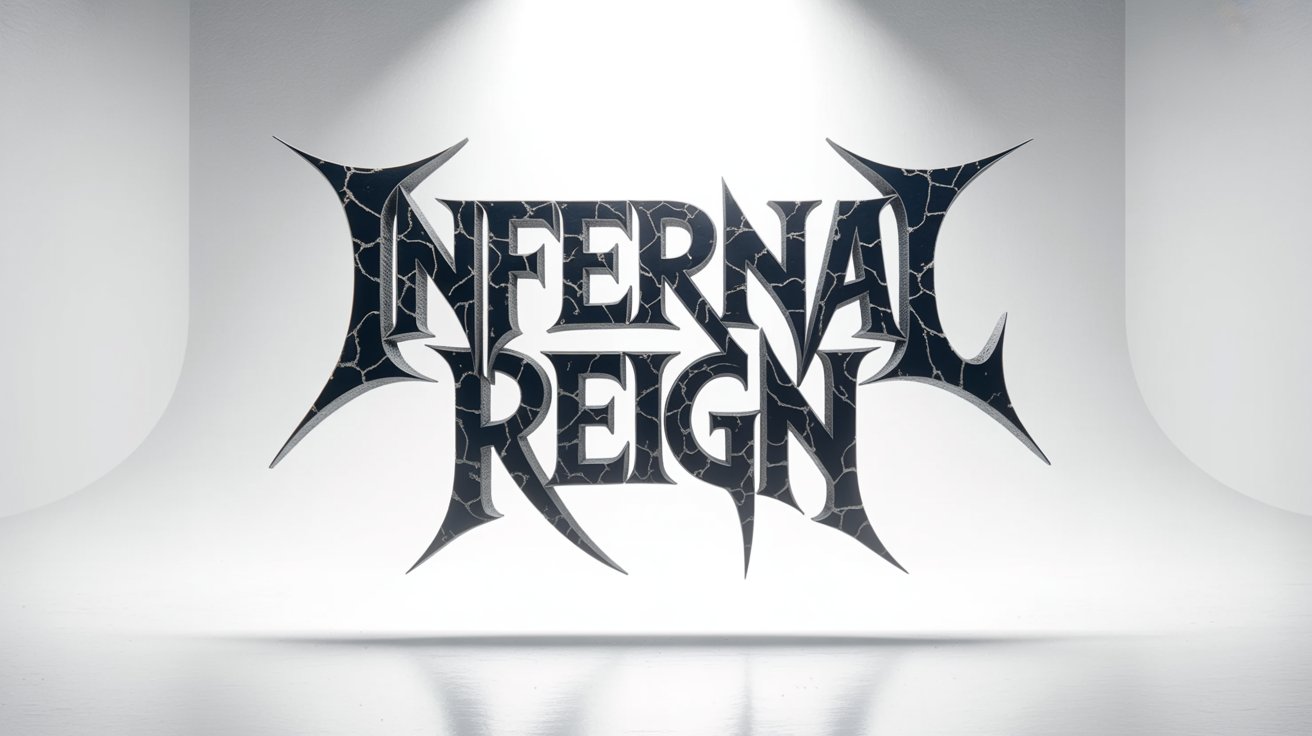 A mockup of a heavy metal logo for the fictional band 'INFERNAL REIGN'. The font is spiky, jagged, and black, set against a clean white background to emphasize its aggressive design.