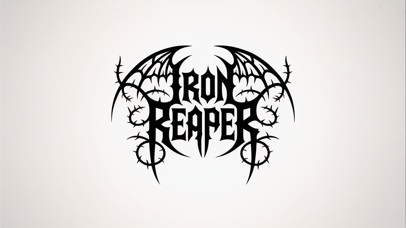 A symmetrical, black heavy metal logo for the fictional band 'IRON REAPER' on a white background. The logo has spiky, intricate lettering and demonic wings branching from the sides.
