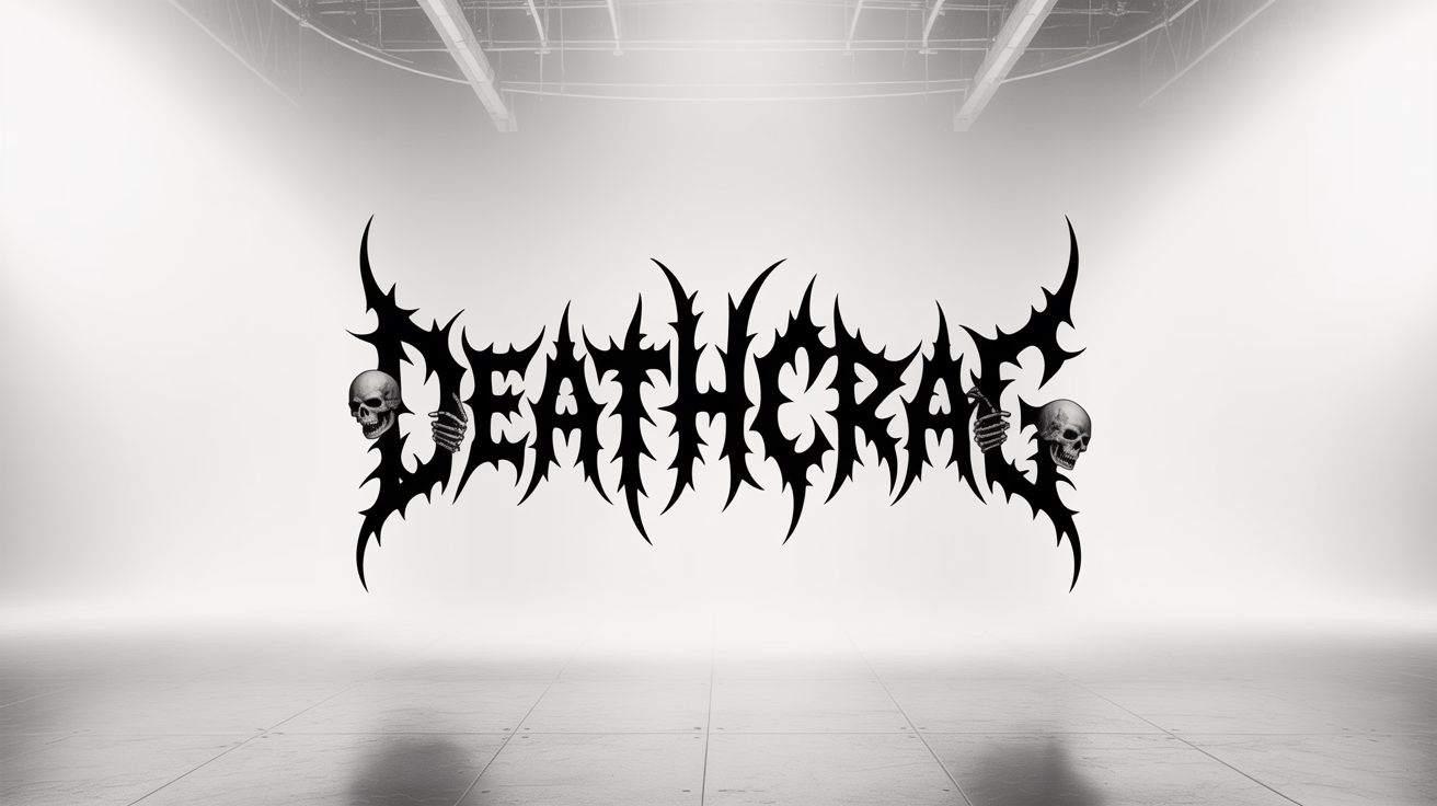 A mockup of a brutal heavy metal logo for the fictional band 'DEATHCRAG', featuring a complex, spiky, and symmetrical black font on a plain white background.