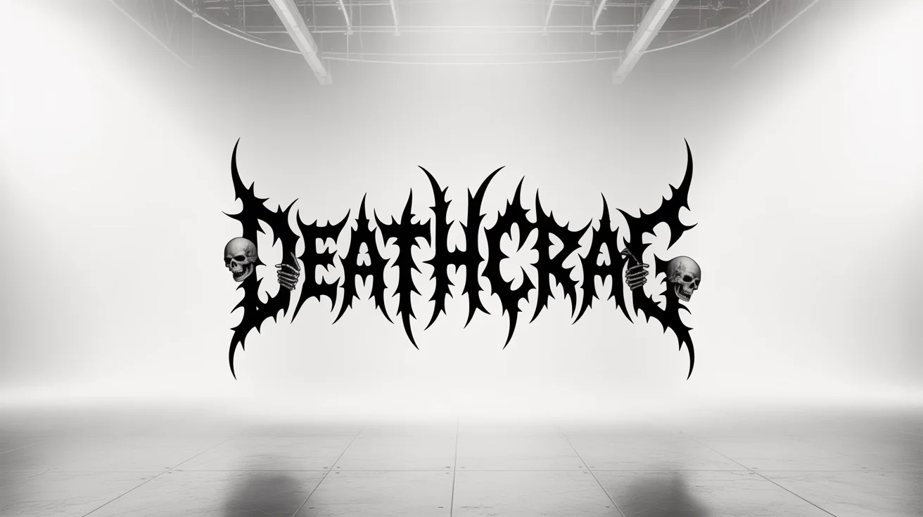 A mockup of a brutal heavy metal logo for the fictional band 'DEATHCRAG', featuring a complex, spiky, and symmetrical black font on a plain white background.