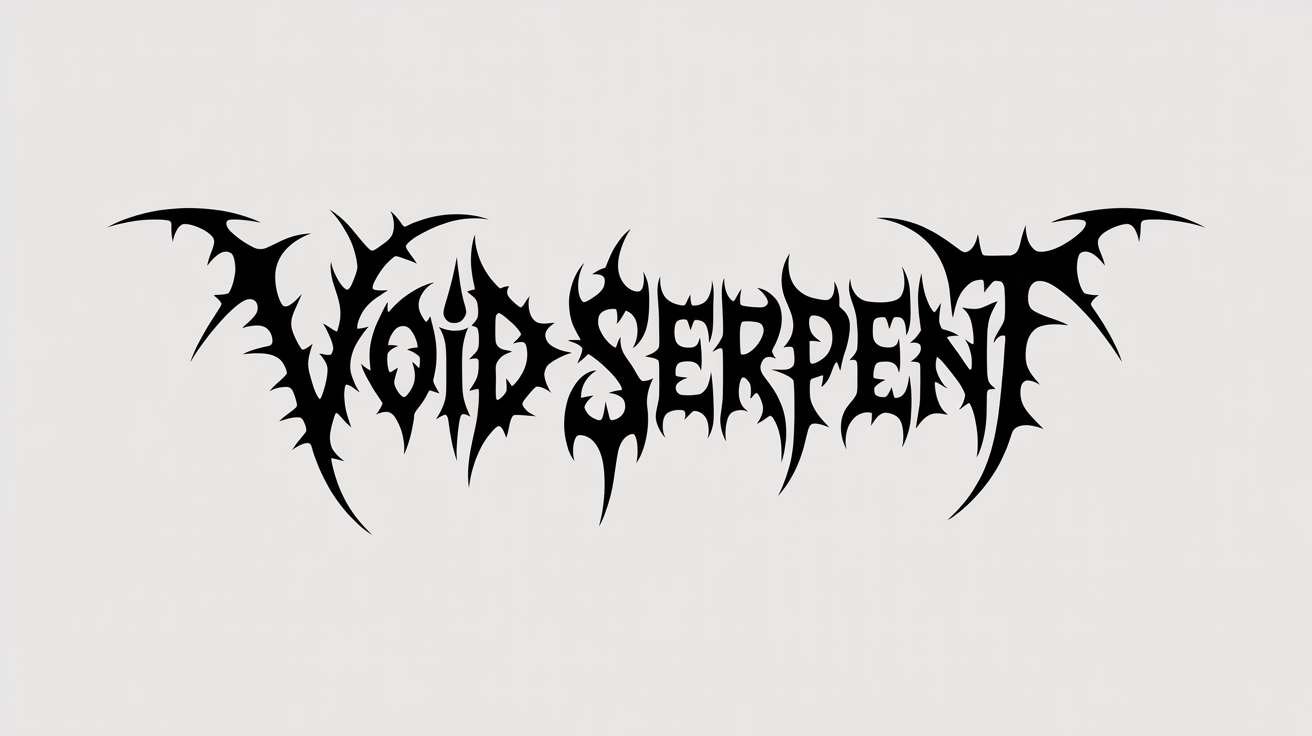 A black heavy metal logo for a fictional band named 'VOID SERPENT' on a white background, featuring an unreadable, jagged font with demonic wings and serpentine details.