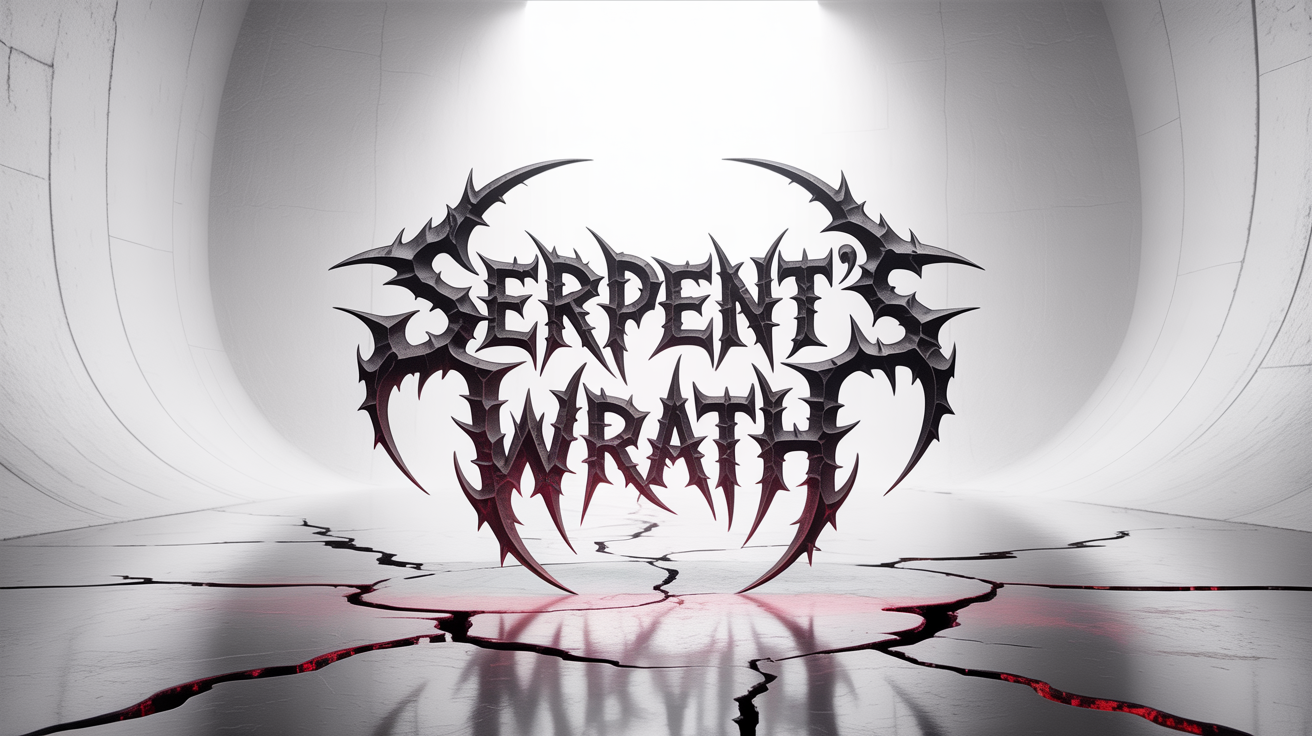 A mockup of a heavy metal logo for a fictional band named 'SERPENT'S WRATH', featuring spiky, jagged chrome letters on a plain white background.