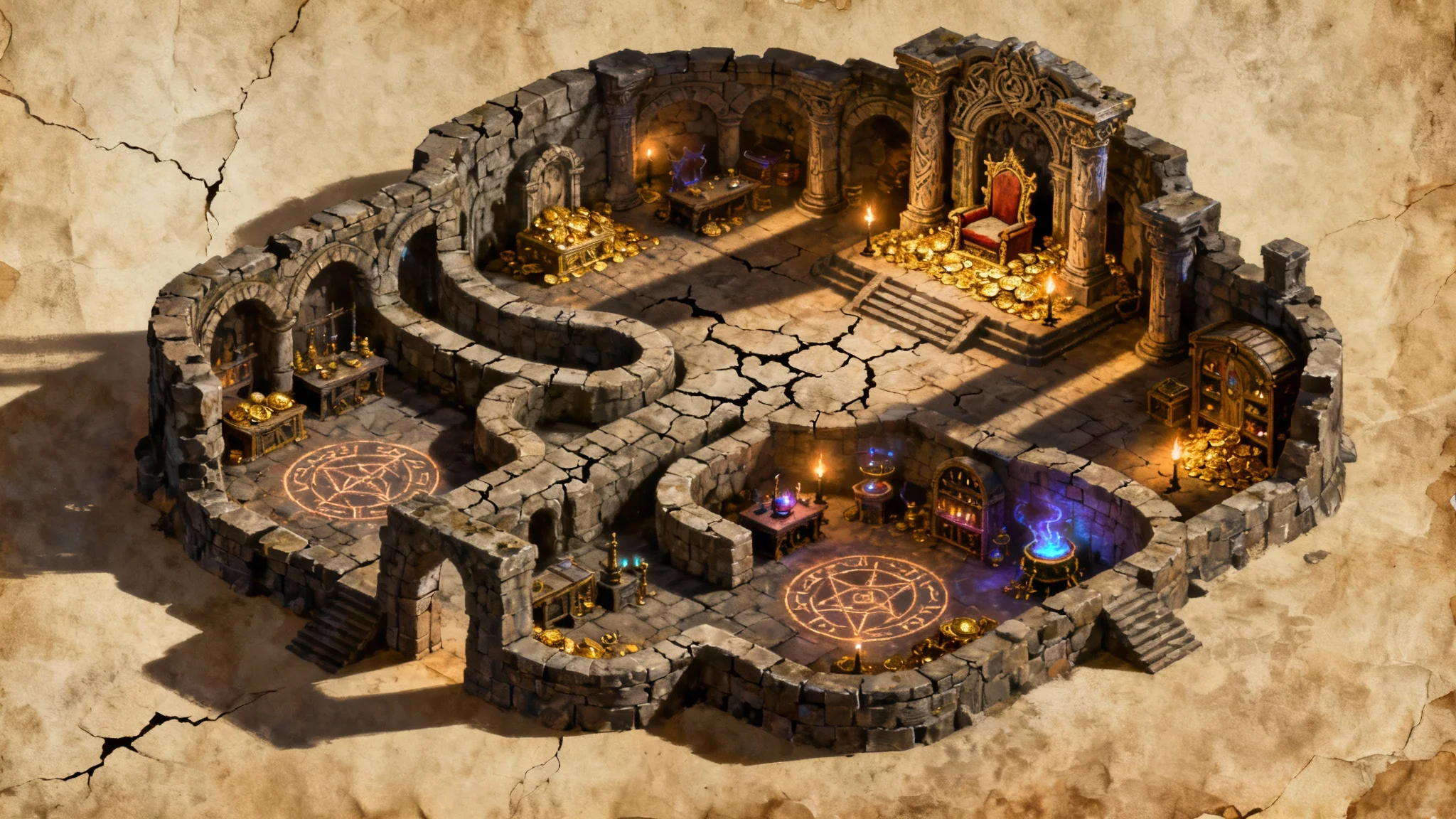 A detailed isometric map of a fantasy dungeon, showing interconnected rooms and hallways with features like a throne room and glowing runes, presented as a final game asset.