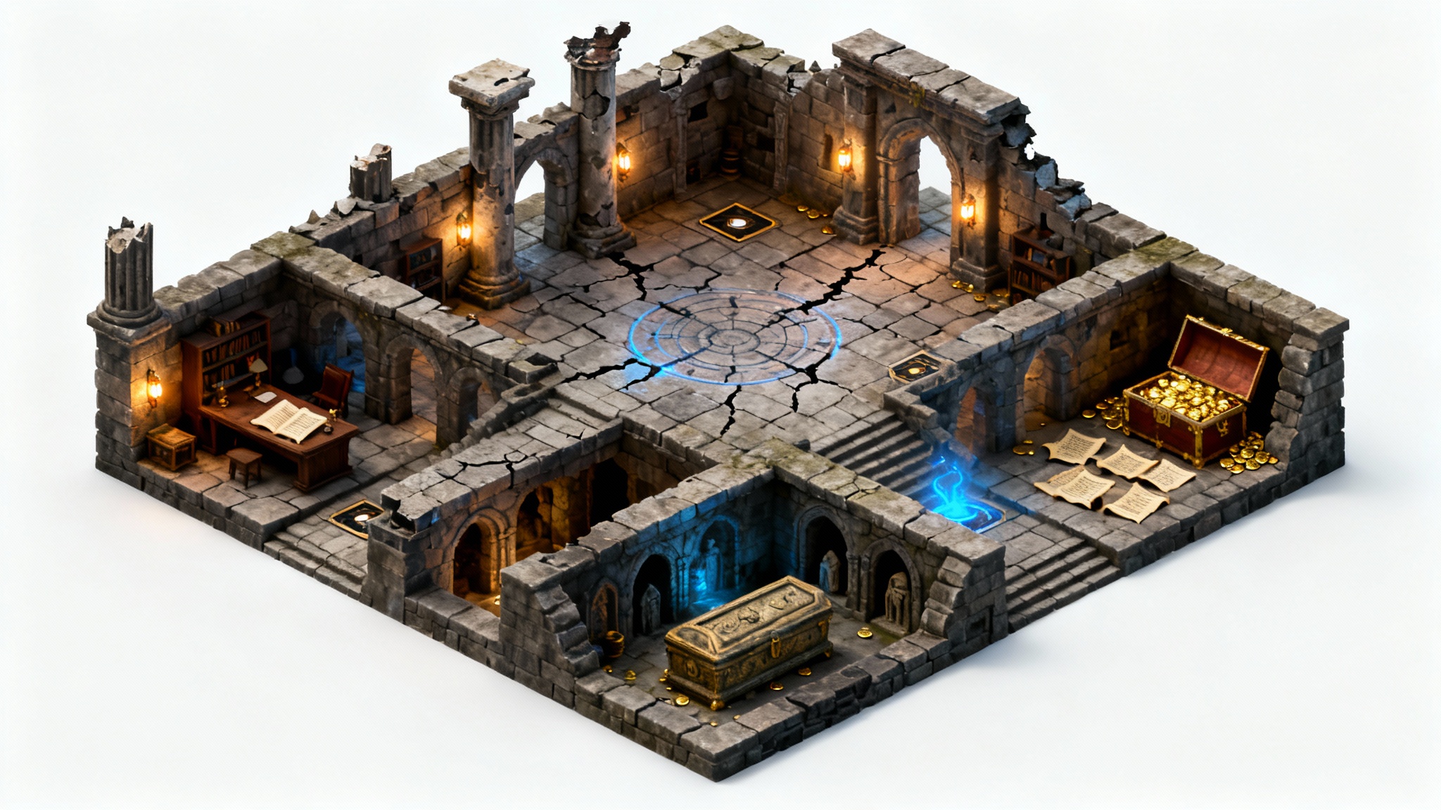 An isometric 3D render of a complex fantasy dungeon map with various rooms like a grand hall and a treasure room, displayed against a clean white background.