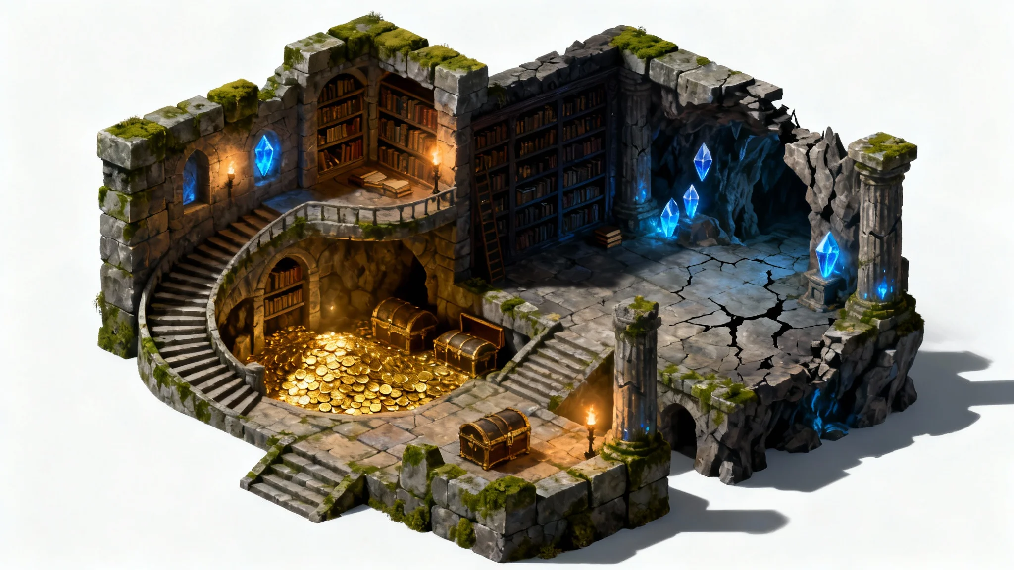 An isometric cutaway view of a detailed, multi-level fantasy dungeon, showing various rooms like a treasure chamber and a library, isolated on a clean white background.